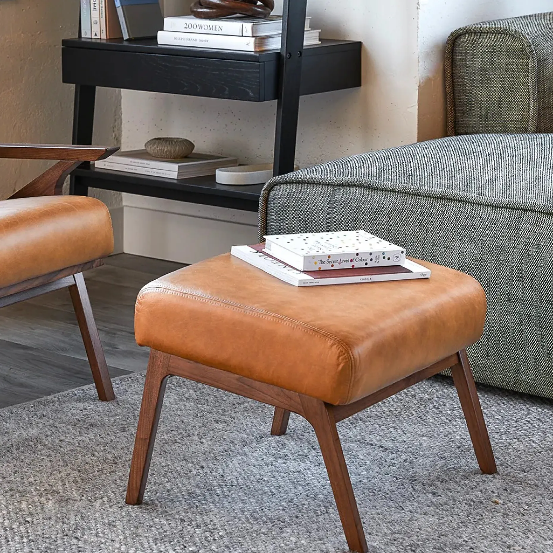 Otio 22" Leather Ottoman - Walnut and Toscana Tan