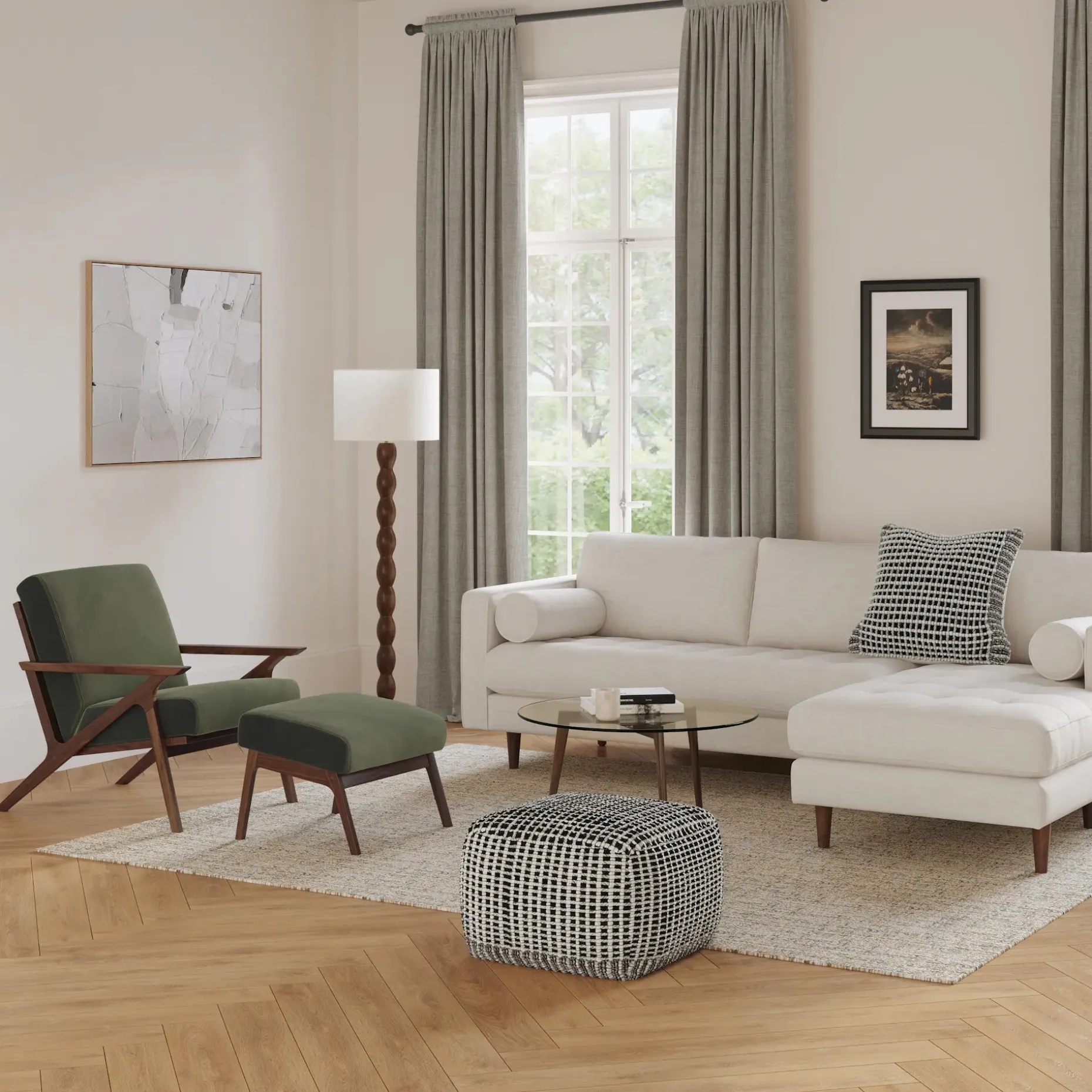 Otio 22" Velvet Ottoman - Walnut and Hale Fir Green