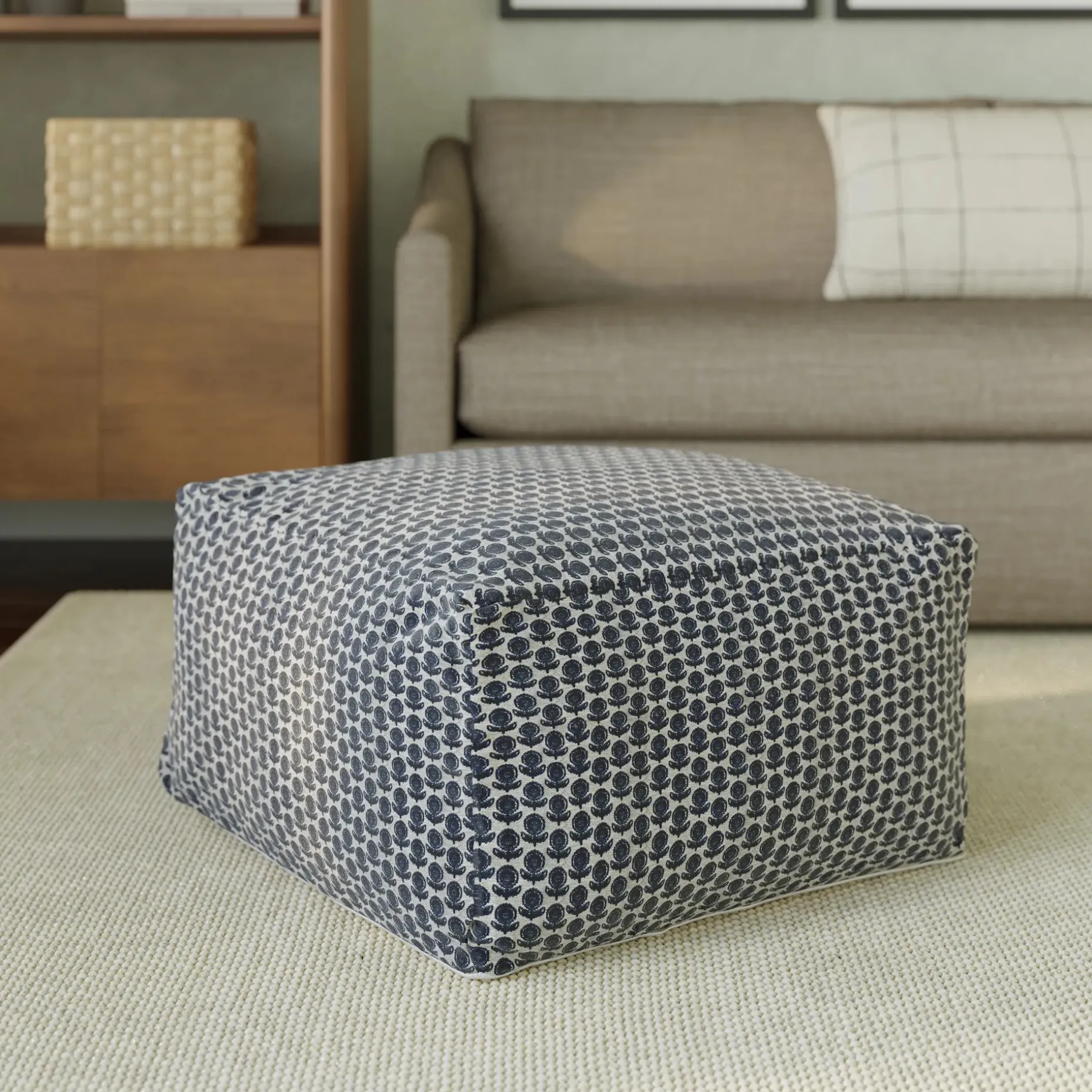 Priya 25.5" Pouf - Blue Blockprint