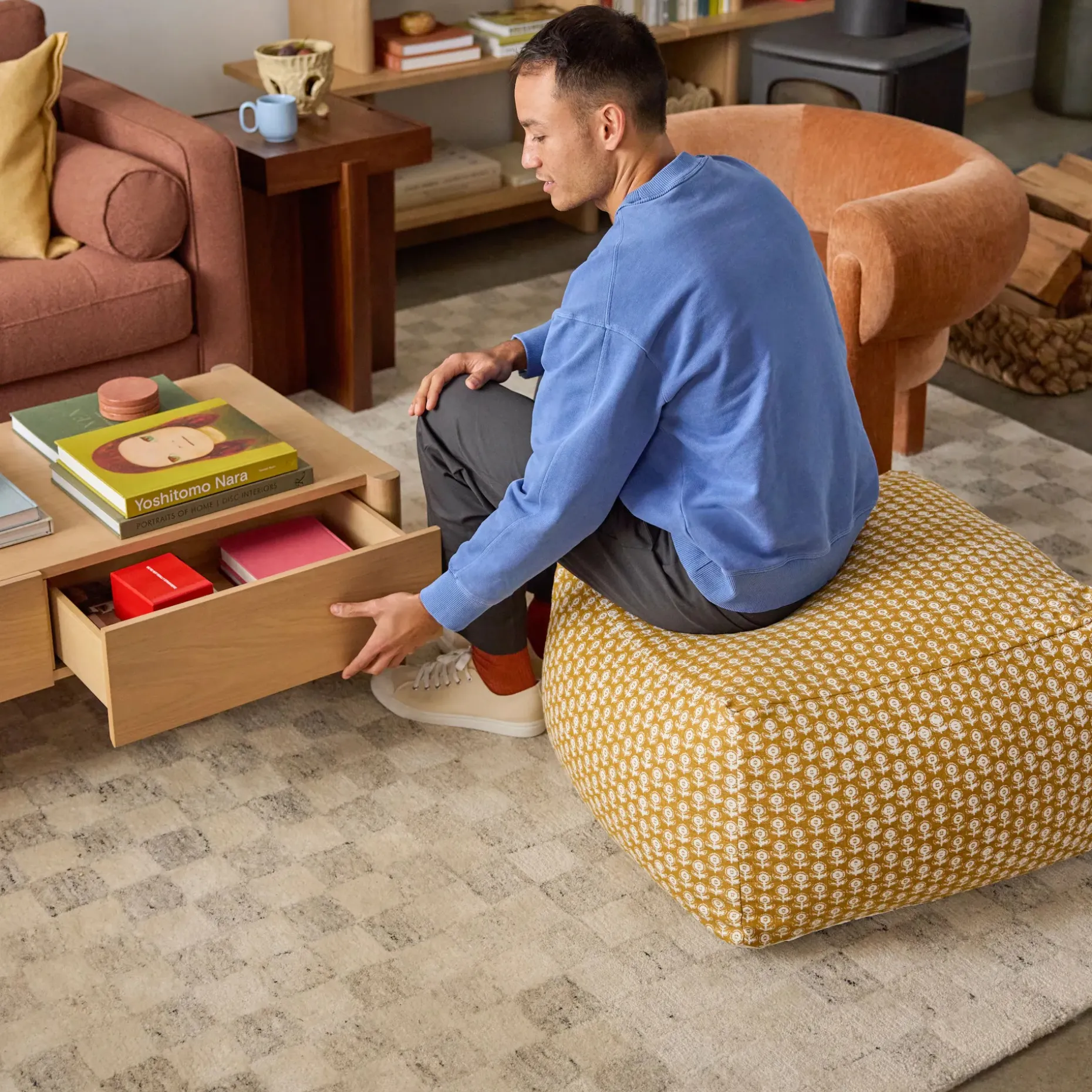 Priya 25.5" Pouf - Yellow Blockprint