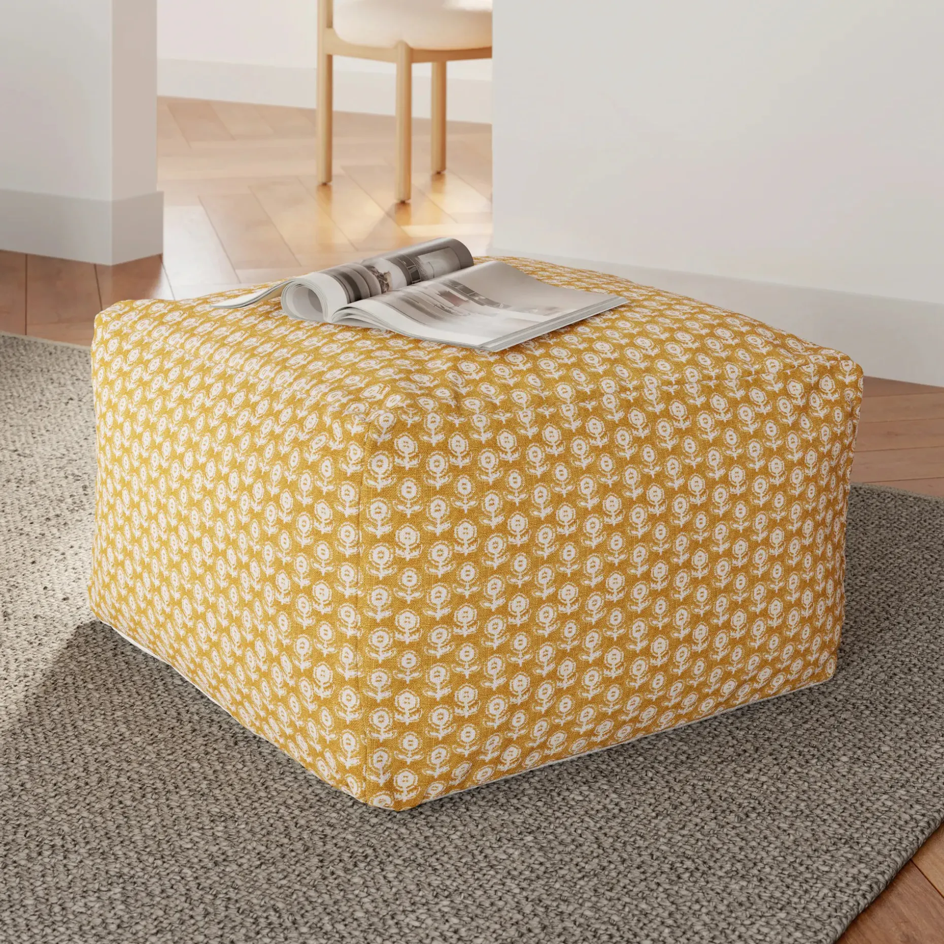 Priya 25.5" Pouf - Yellow Blockprint