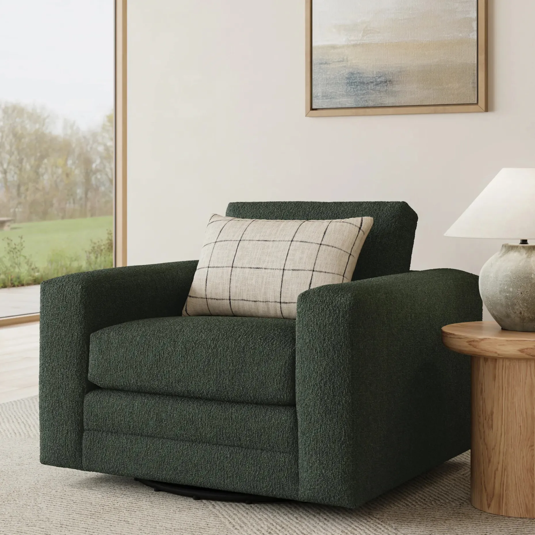 Riley 42" Grand Swivel Chair - Green Wool Bouclé
