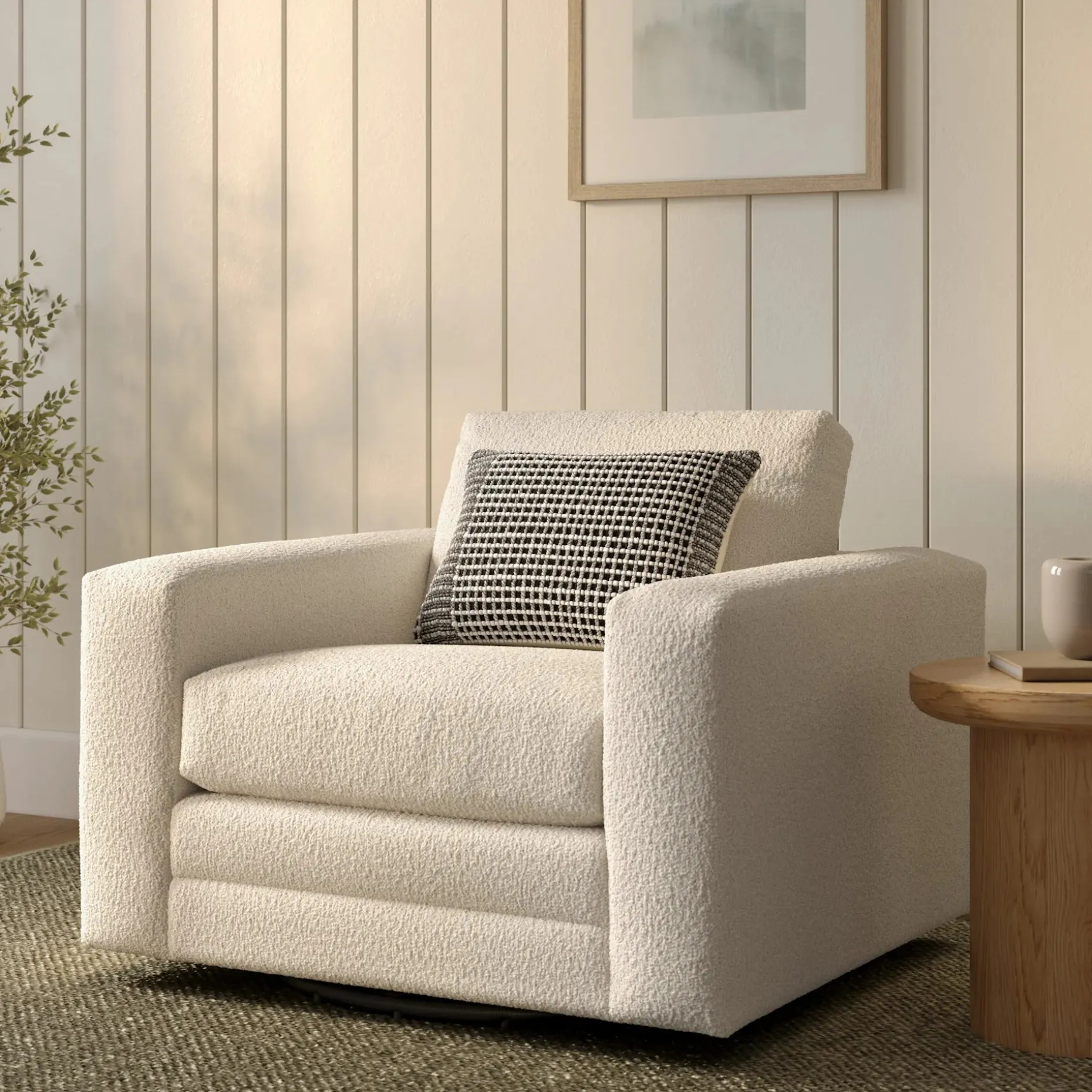 Riley 42" Grand Swivel Chair - Ivory Wool Bouclé