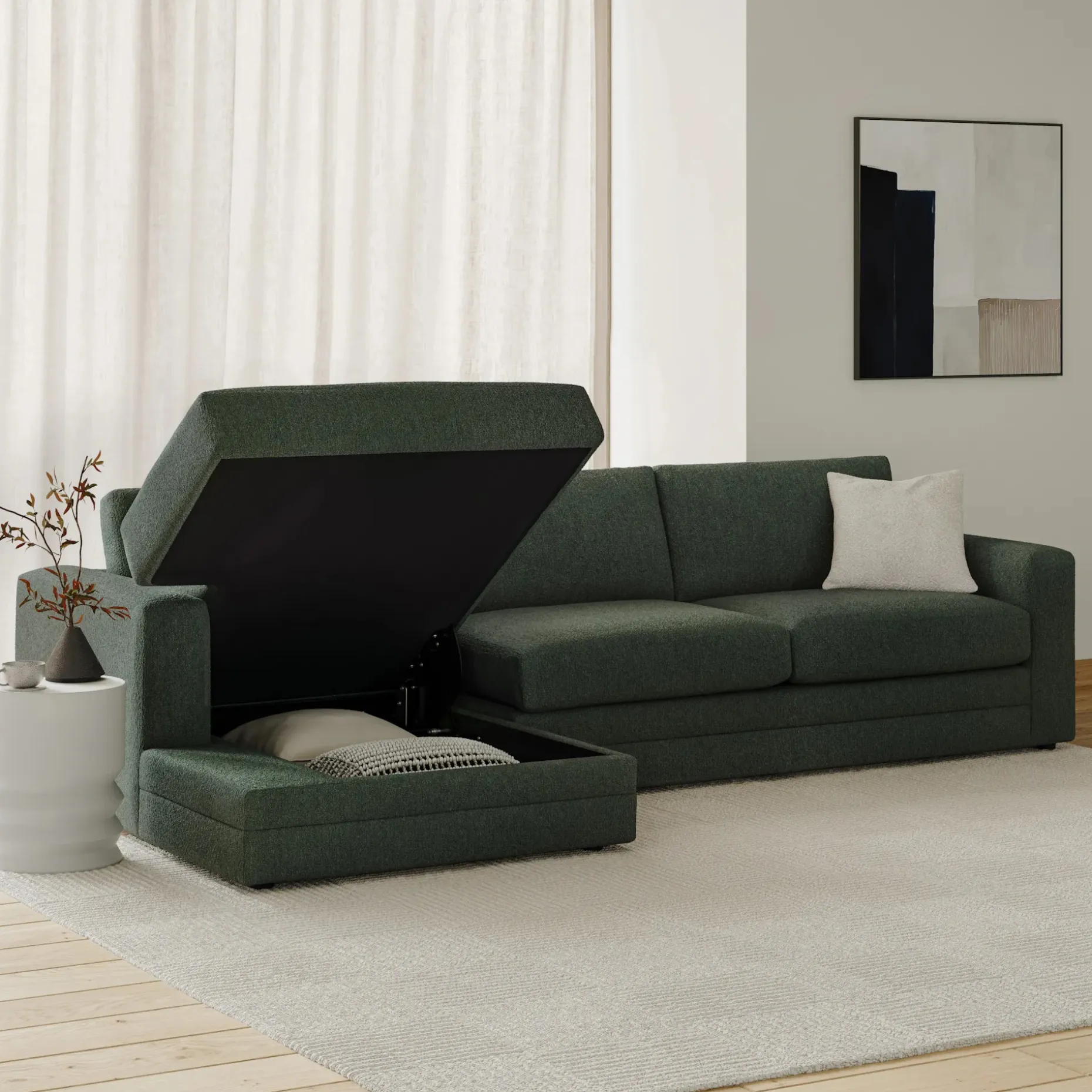 Riley 118" Left Storage Sleeper Sectional - Green Wool Bouclé