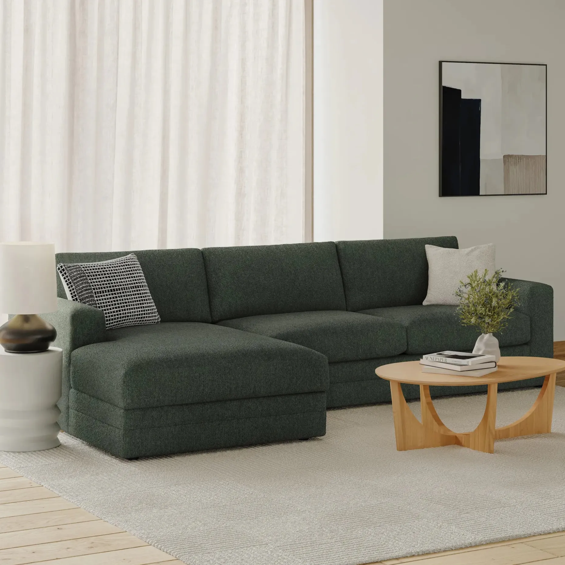 Riley 118" Left Storage Sleeper Sectional - Green Wool Bouclé