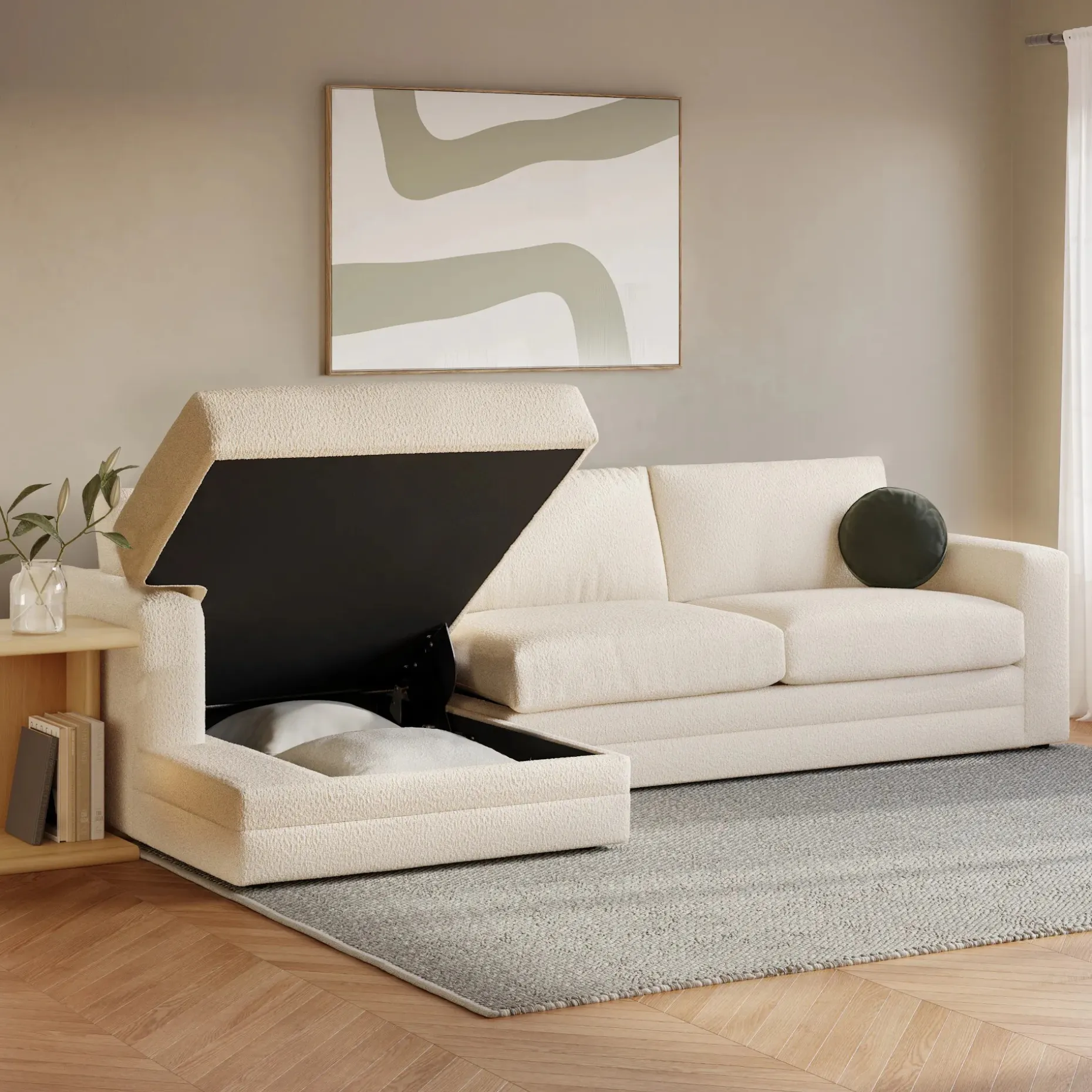 Riley 118" Left Storage Sleeper Sectional - Ivory Wool Bouclé
