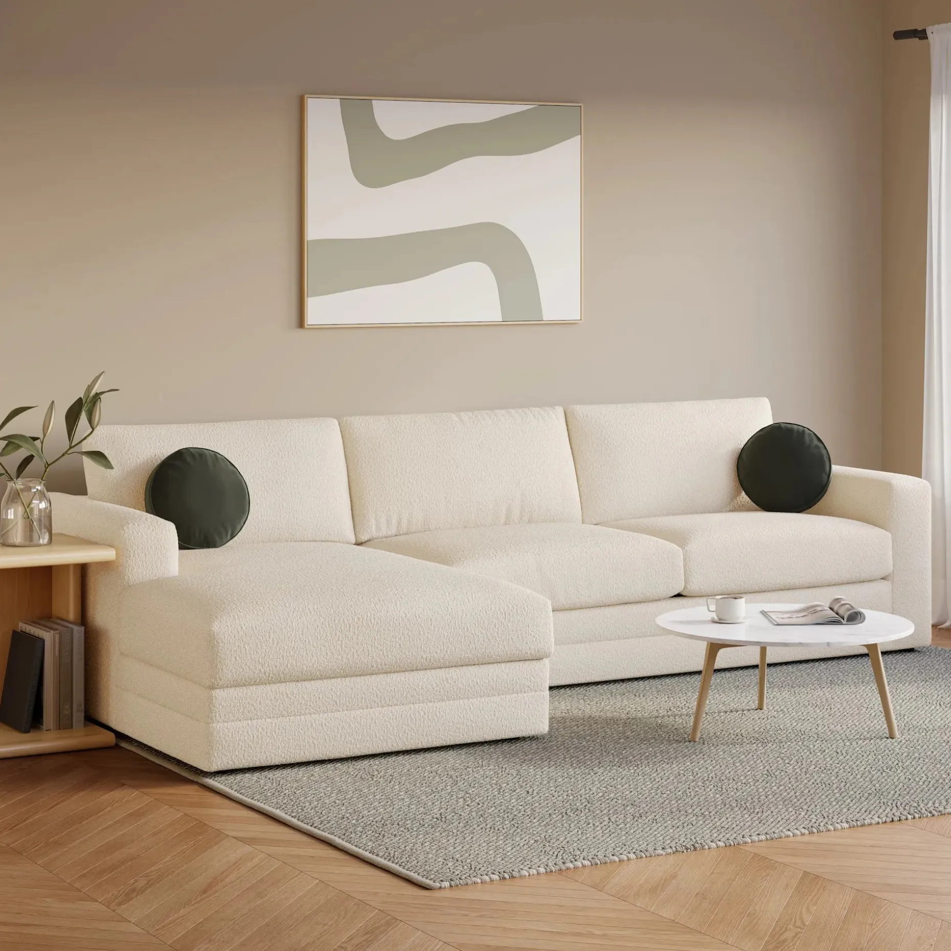 Riley 118" Left Storage Sleeper Sectional - Ivory Wool Bouclé