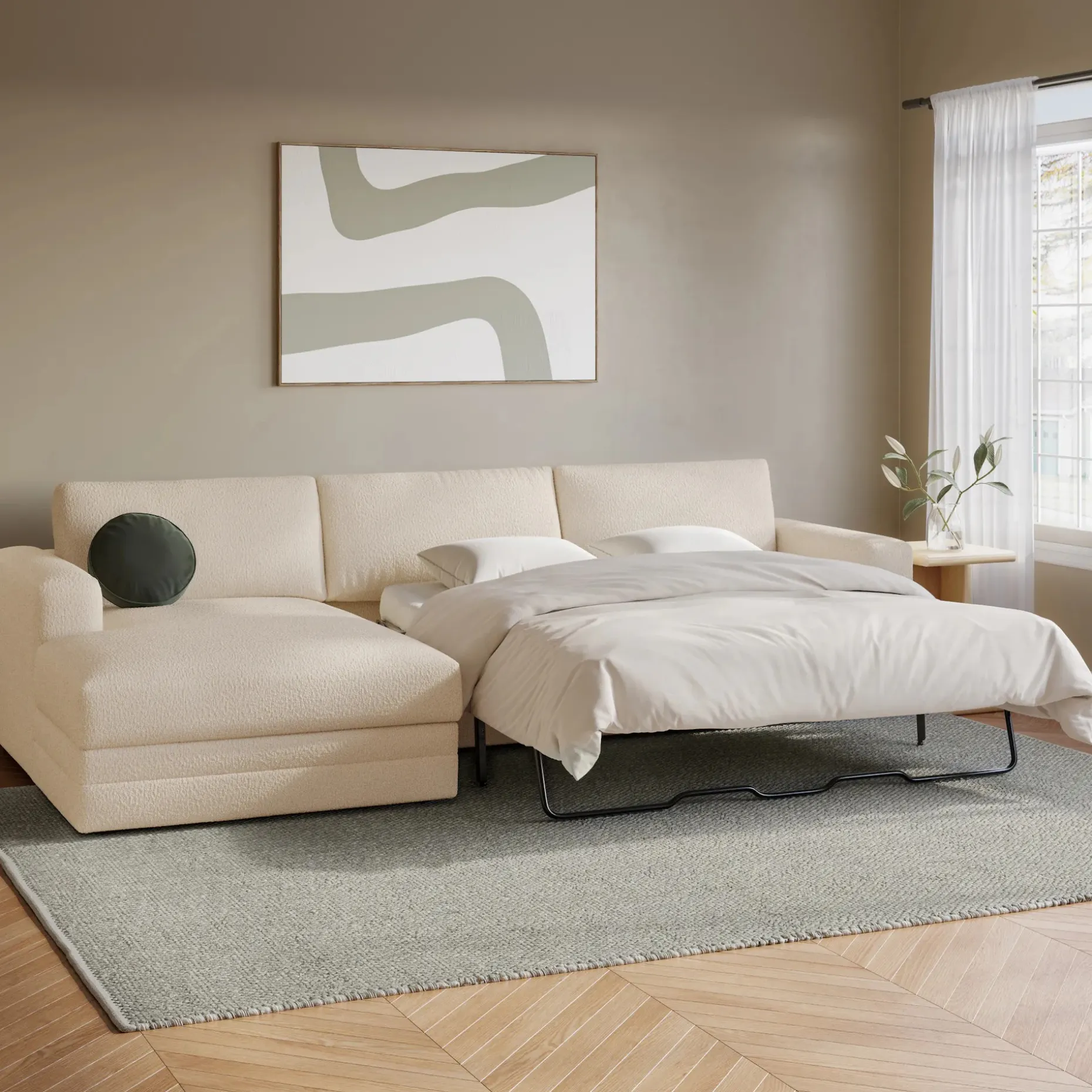 Riley 118" Left Storage Sleeper Sectional - Ivory Wool Bouclé