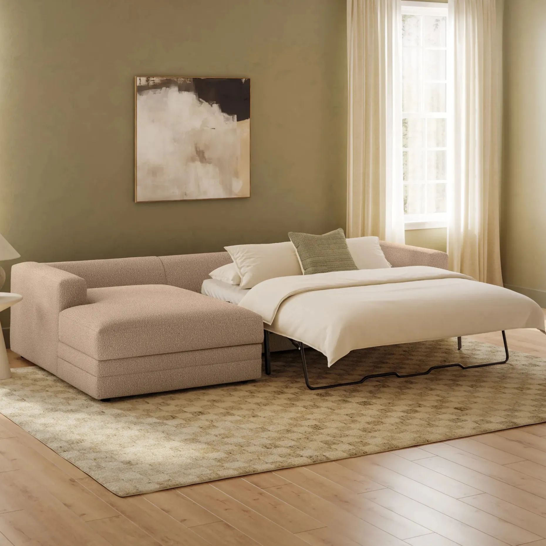 Riley 118" Left Storage Sleeper Sectional - Sandstone Wool Bouclé