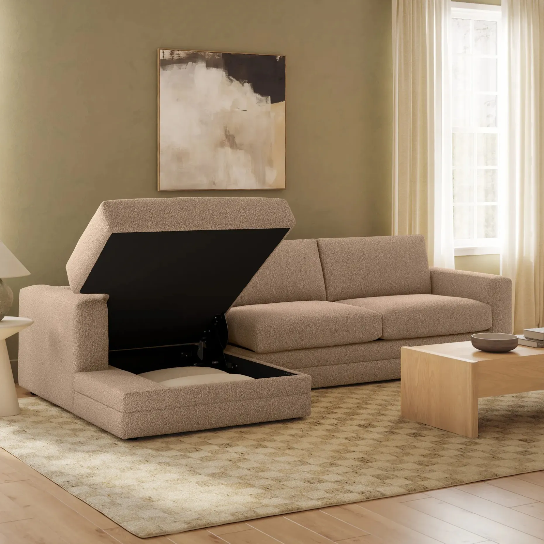 Riley 118" Left Storage Sleeper Sectional - Sandstone Wool Bouclé
