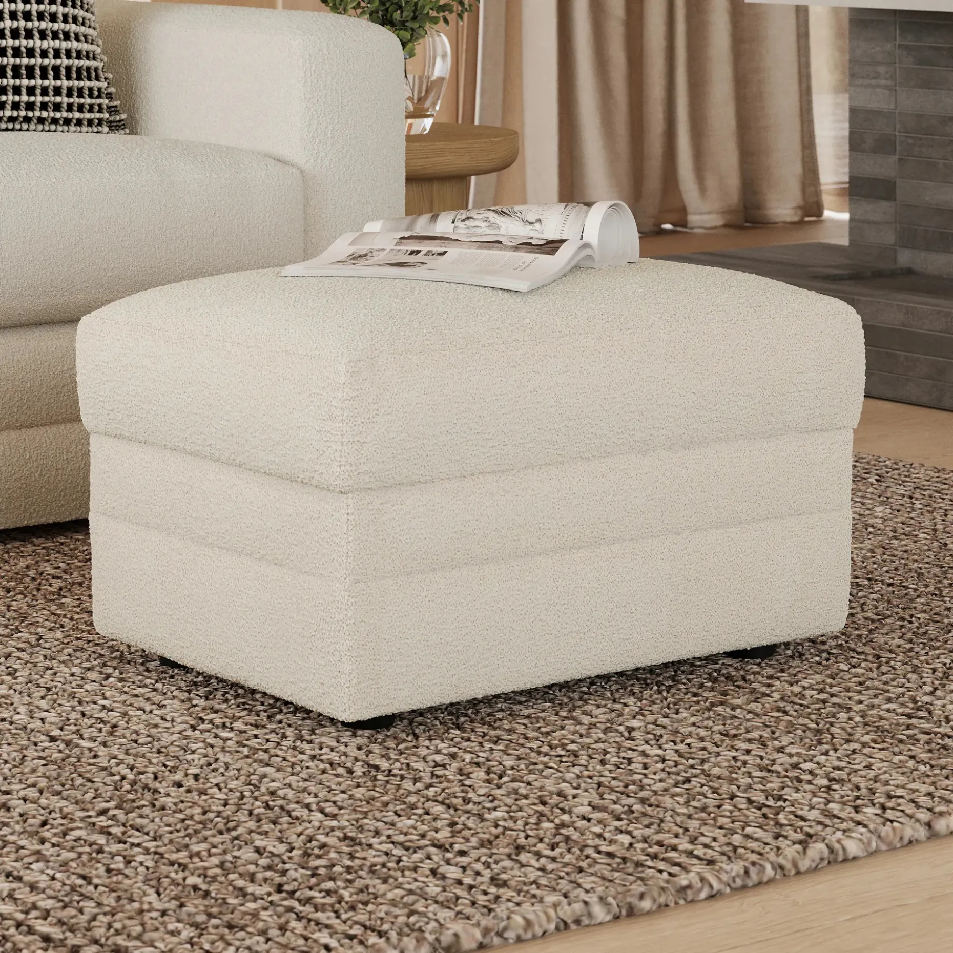 Riley 28" Ottoman - Ivory Wool Bouclé