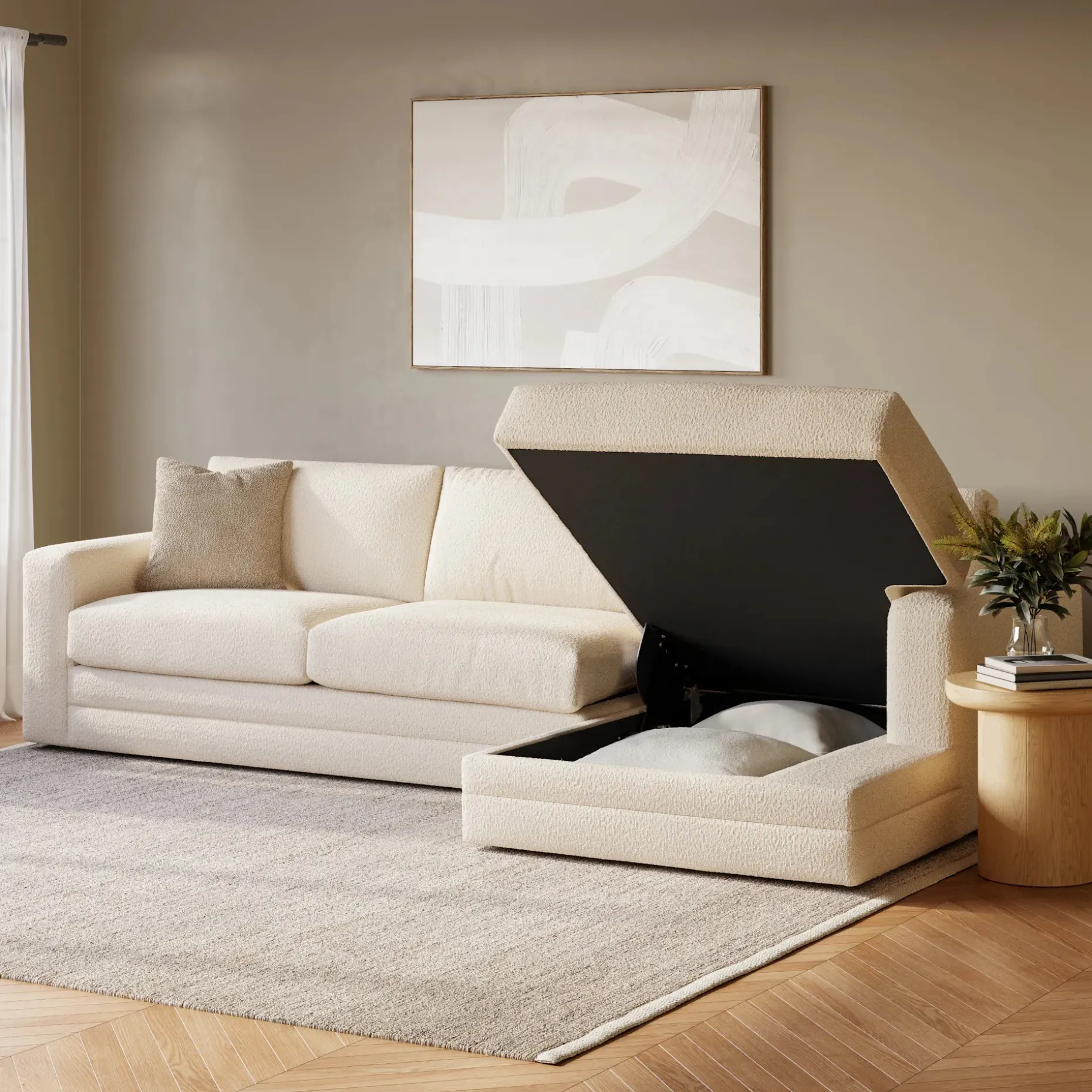 Riley 118" Right Storage Sleeper Sectional - Ivory Wool Bouclé