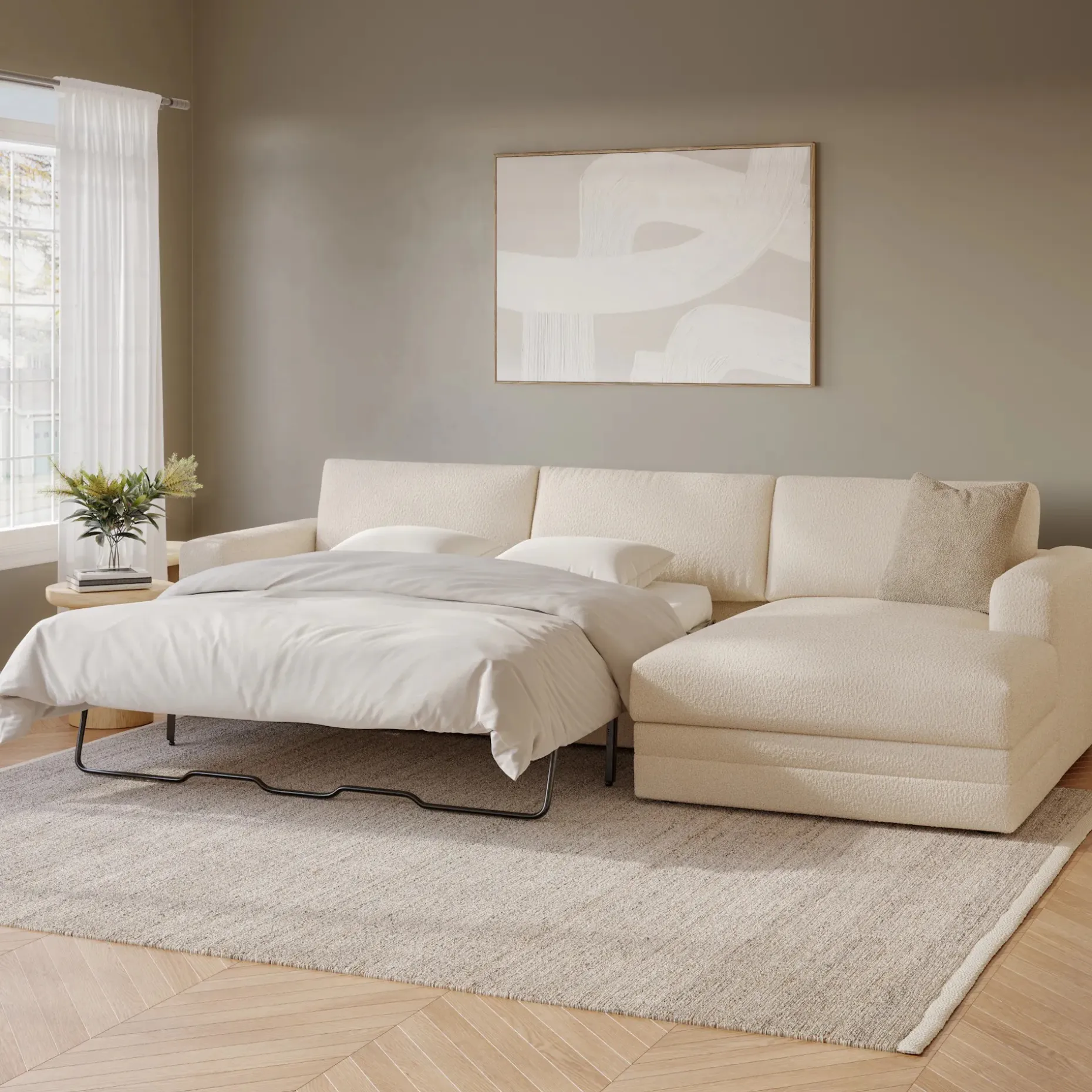 Riley 118" Right Storage Sleeper Sectional - Ivory Wool Bouclé