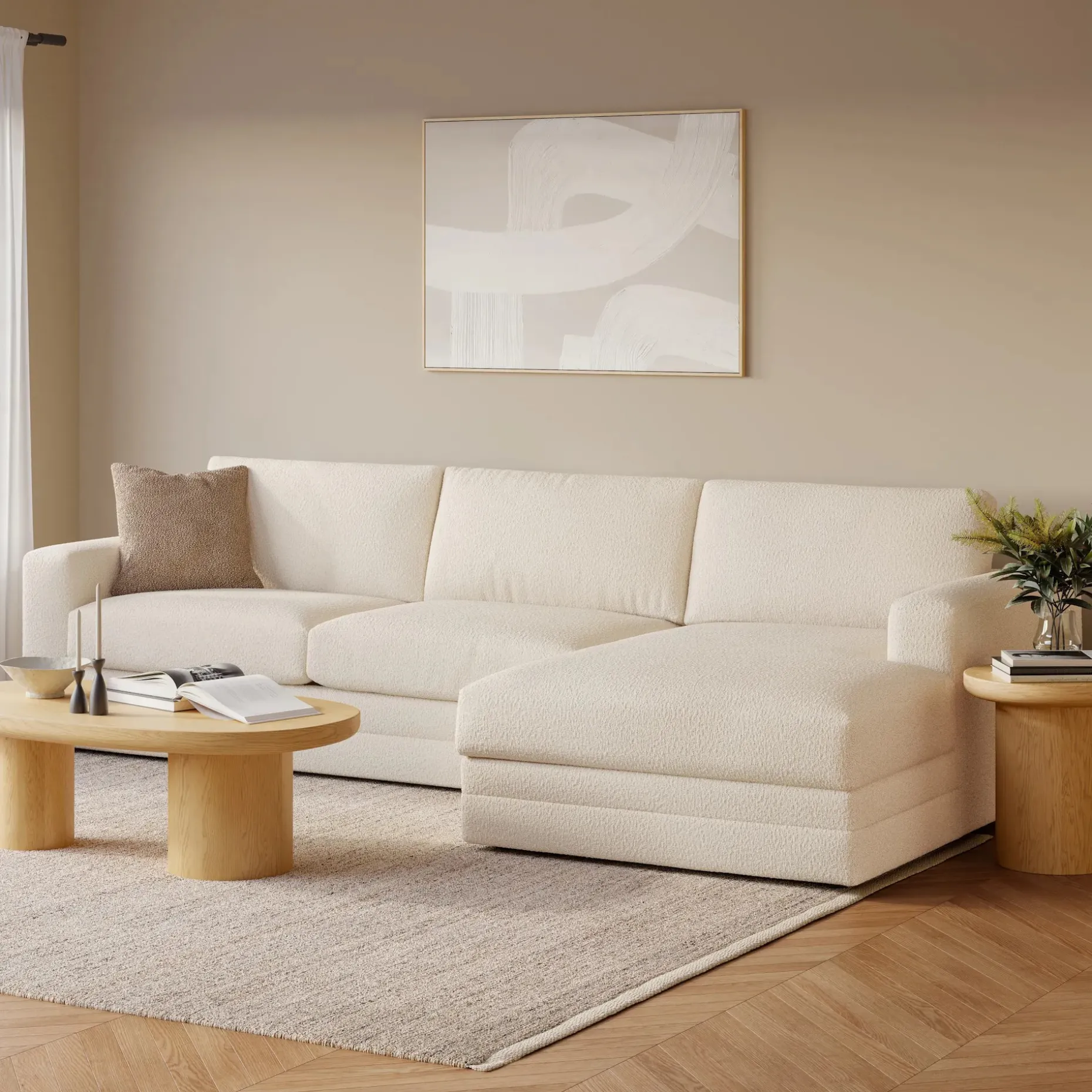 Riley 118" Right Storage Sleeper Sectional - Ivory Wool Bouclé