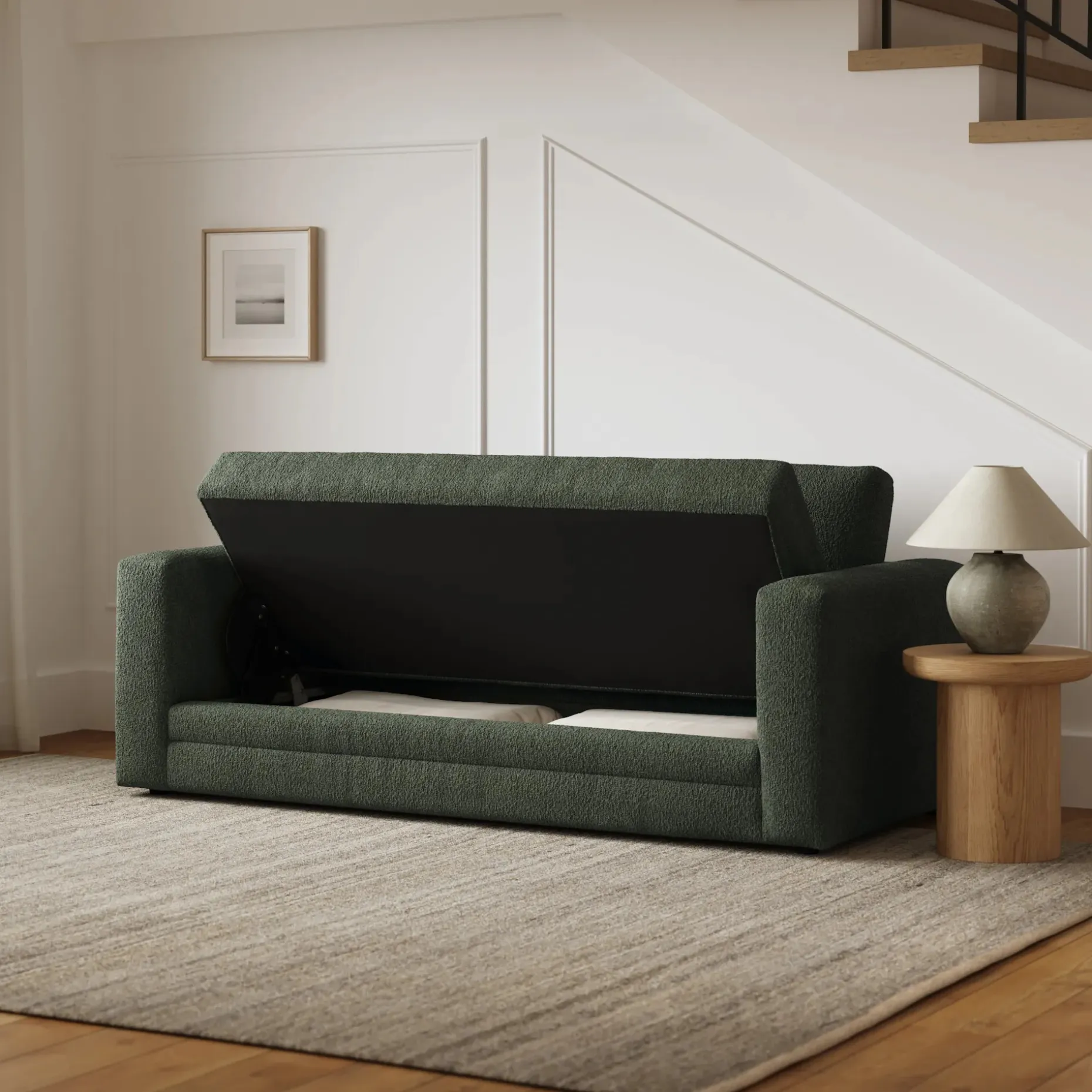 Riley 84" Storage Sofa - Green Wool Bouclé