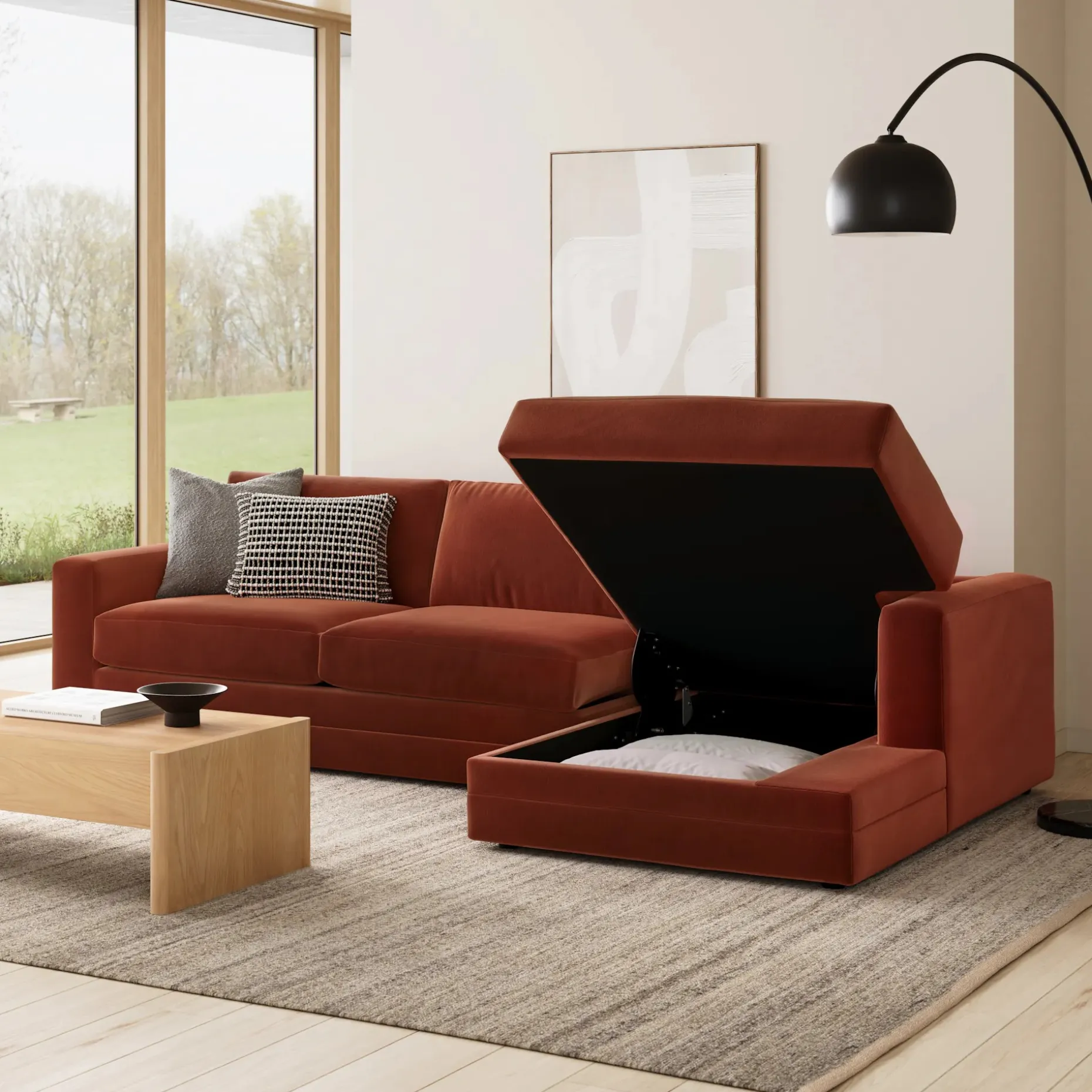 Riley 118" Velvet Right Storage Sleeper Sectional - Hale Rust
