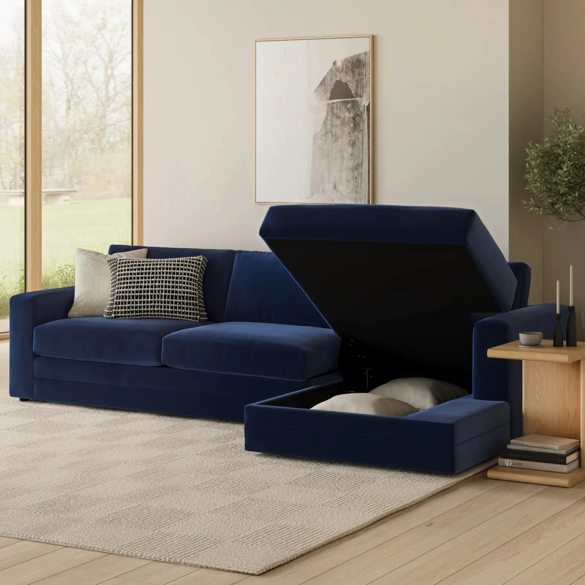 Riley 118" Velvet Right Storage Sleeper Sectional - Hale Ink