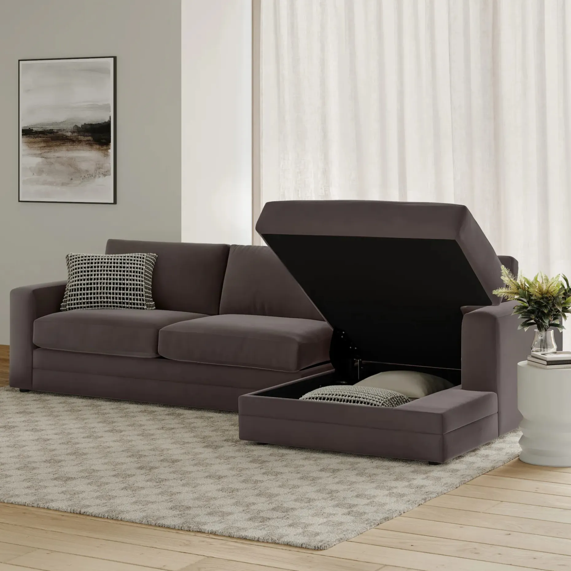 Riley 118" Velvet Right Storage Sleeper Sectional - Hale Warm Gray