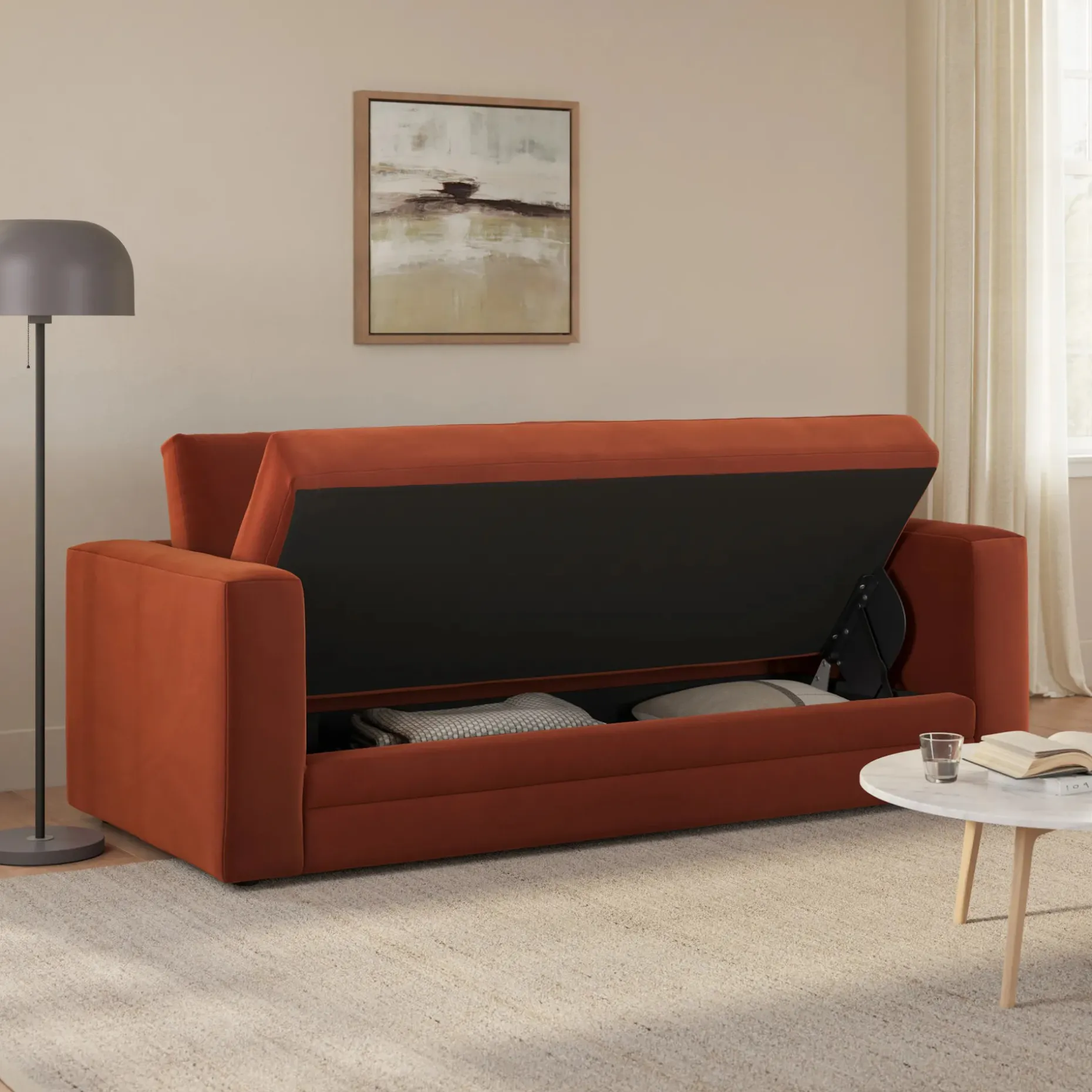 Riley 84" Velvet Storage Sofa - Hale Rust