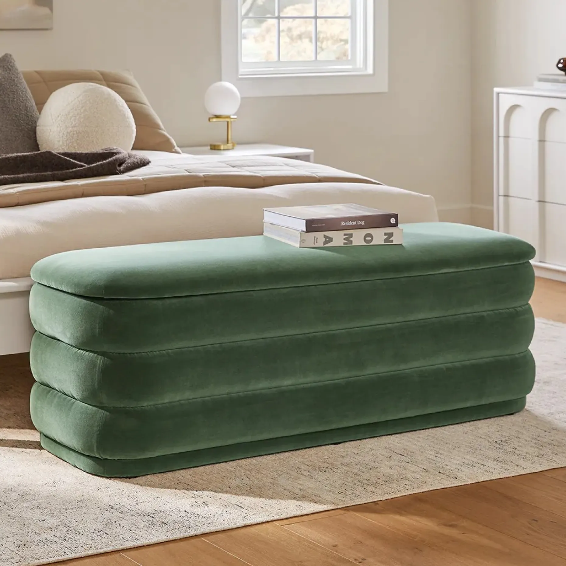 Rolph 55.5" Velvet Storage Bench - Plush Pacific Green