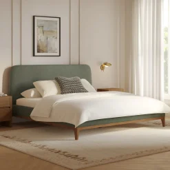 Rosin King Upholstered Bed - Smoked Oak and Welsh Green
