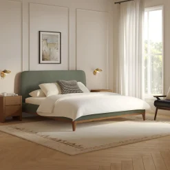 Rosin King Upholstered Bed - Smoked Oak and Welsh Green
