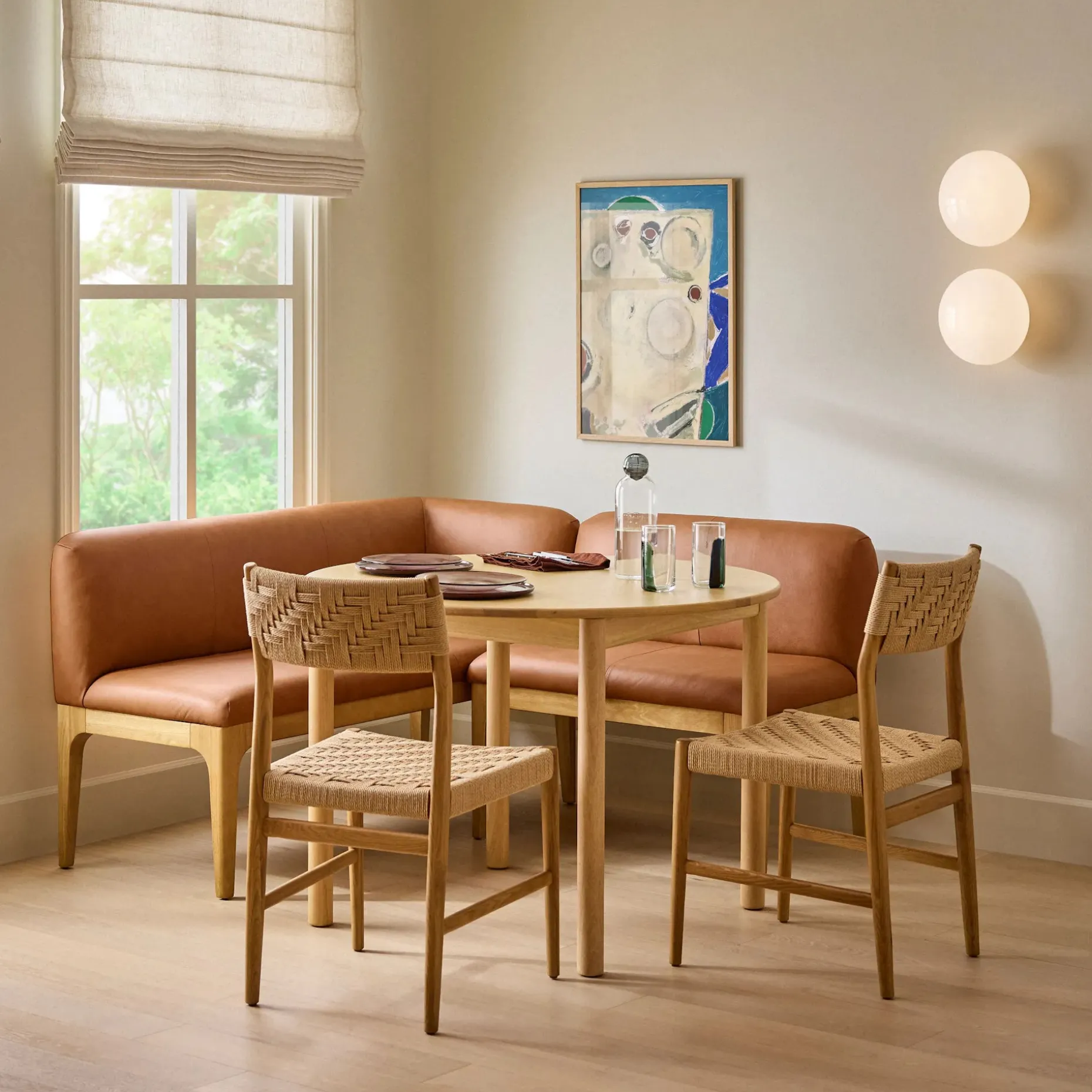Rosin 56.75" Leather Right Corner Banquette - Natural Oak and Lucia Tan