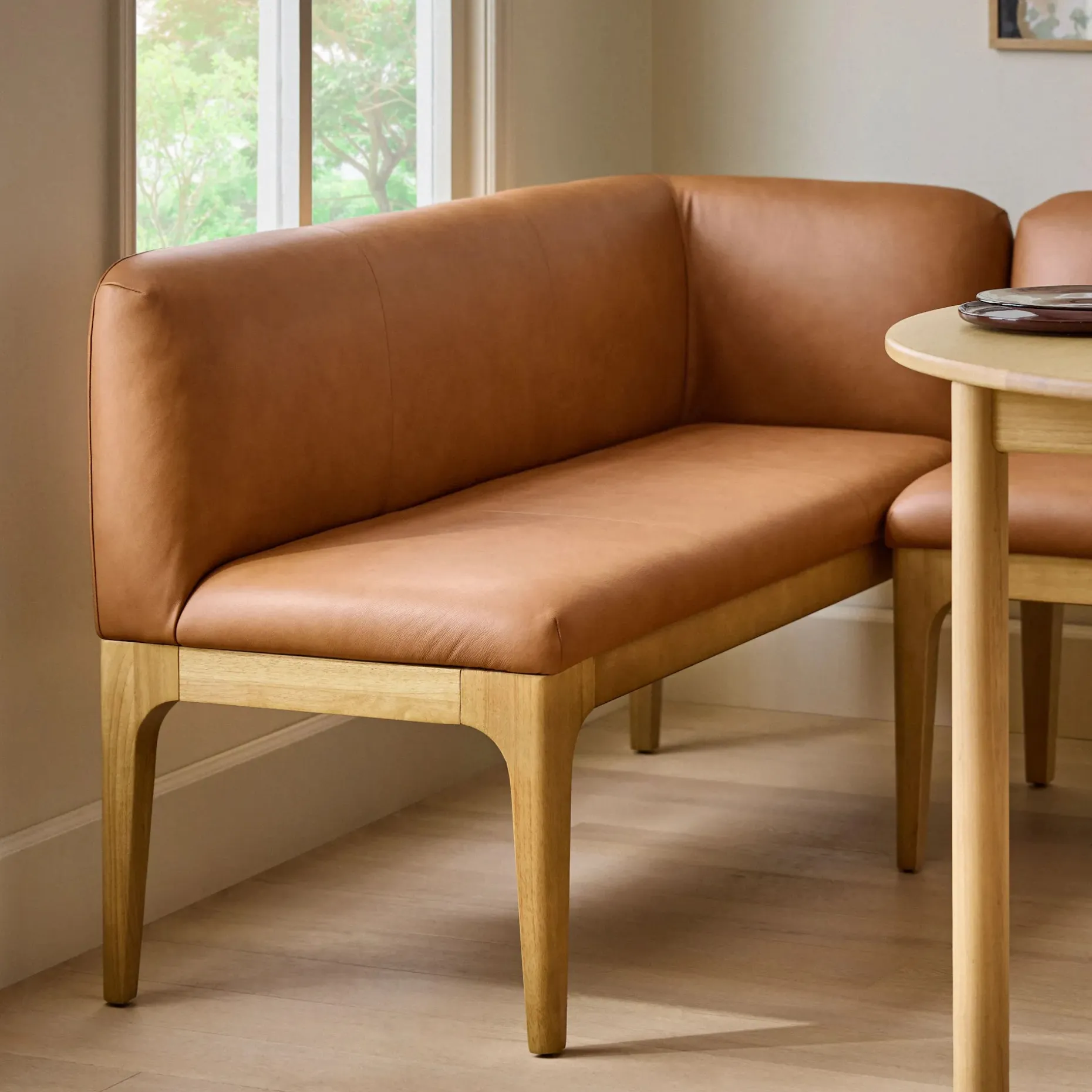 Rosin 56.75" Leather Right Corner Banquette - Natural Oak and Lucia Tan