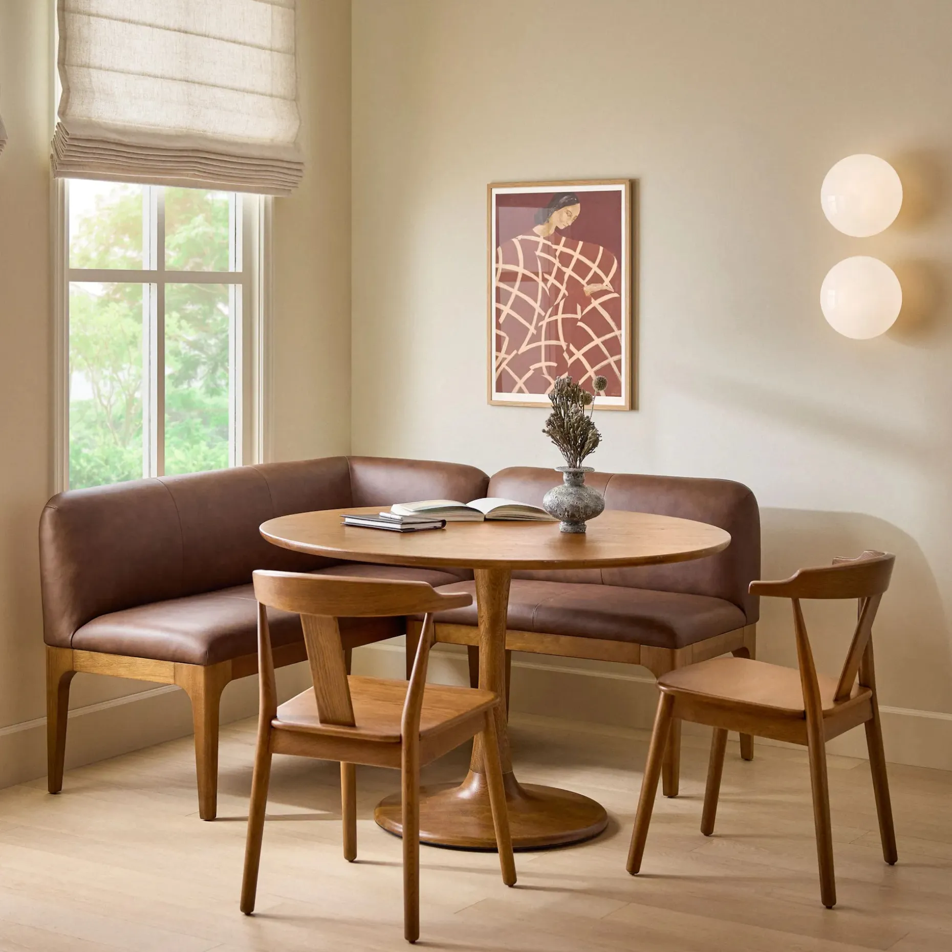 Rosin 56.75" Leather Right Corner Banquette - Smoked Oak and Lucia Brown