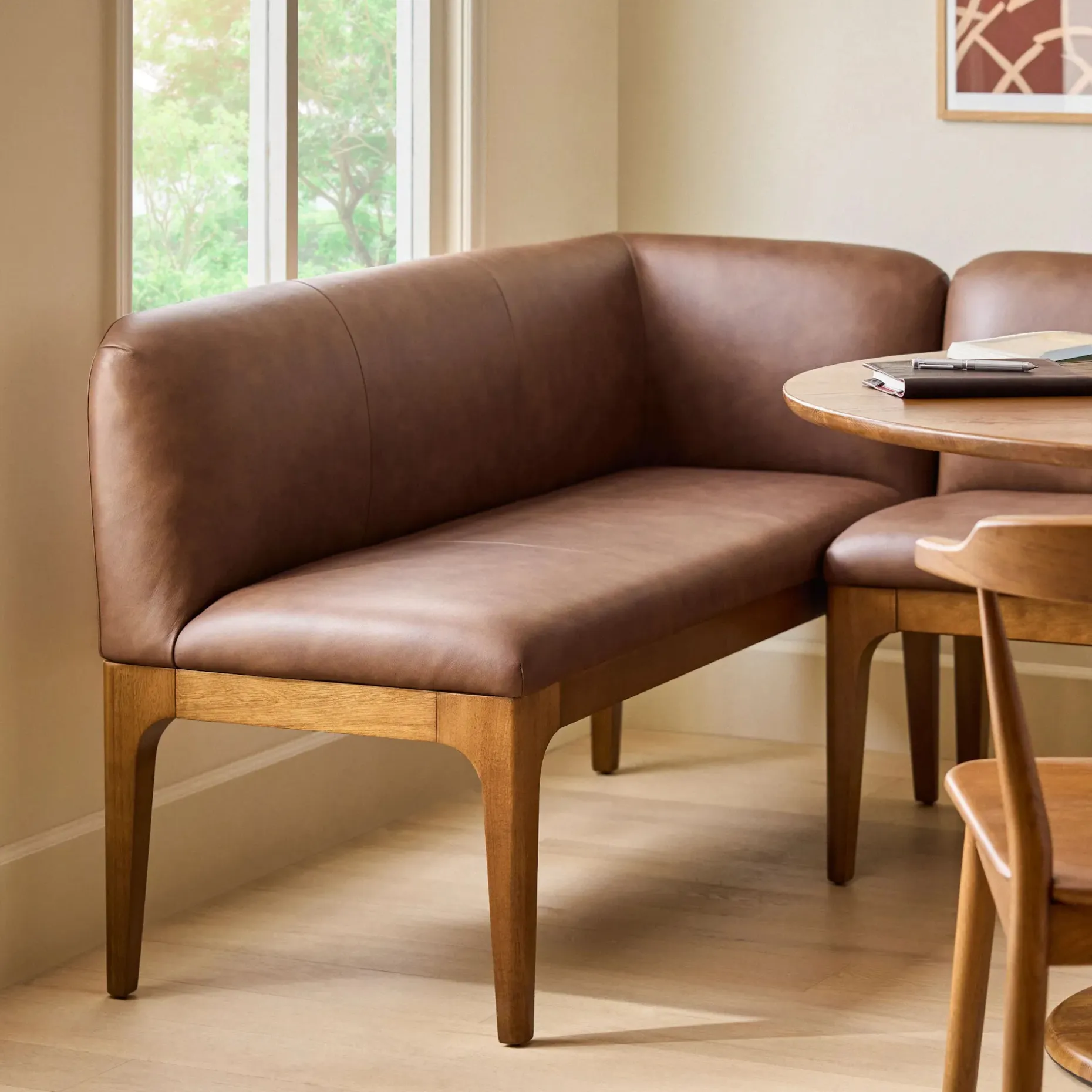 Rosin 56.75" Leather Right Corner Banquette - Smoked Oak and Lucia Brown