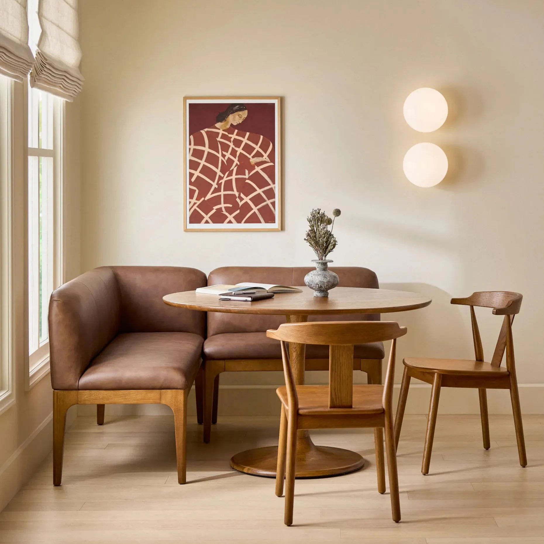 Rosin 56.75" Leather Right Corner Banquette - Smoked Oak and Lucia Brown