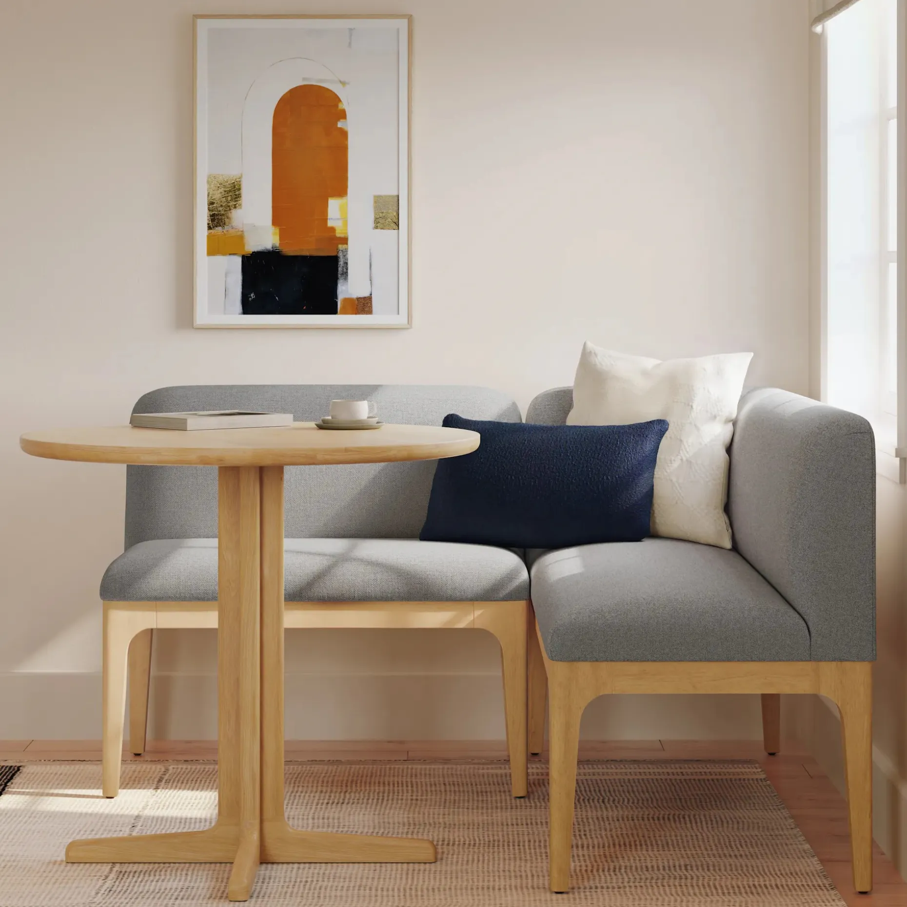 Rosin 55.75" Left Arm Banquette Set - Natural Oak and Hestia Gray