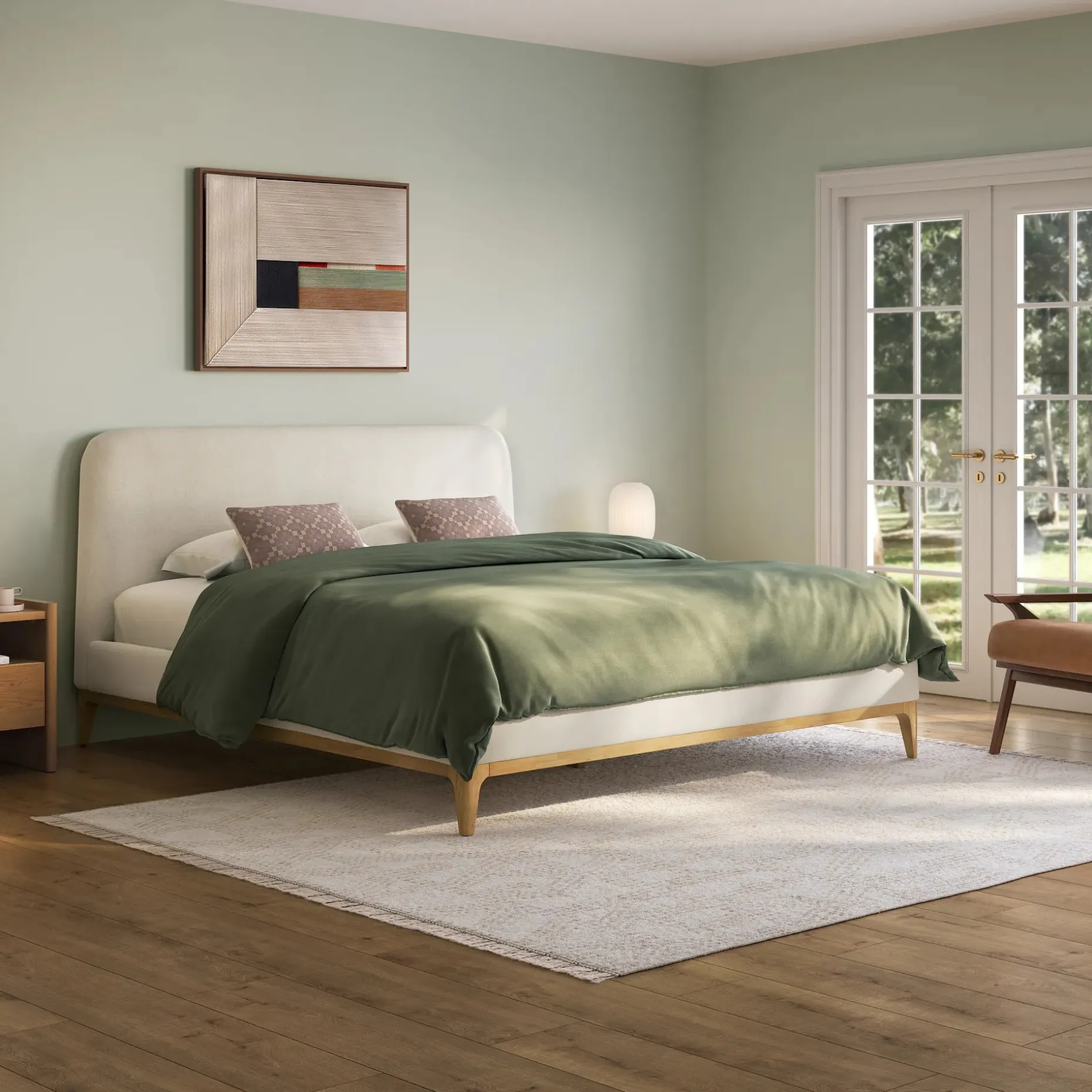 Rosin Queen Upholstered Bed - Natural Oak and Sand Ivory