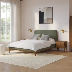 Rosin Queen Upholstered Bed - Smoked Oak and Welsh Green