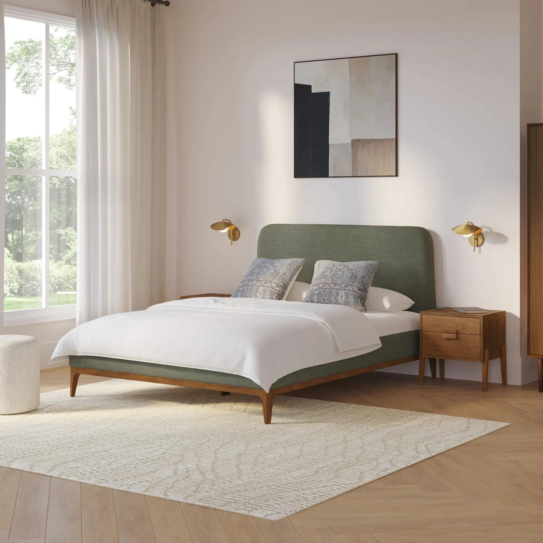 Rosin Queen Upholstered Bed - Smoked Oak and Welsh Green