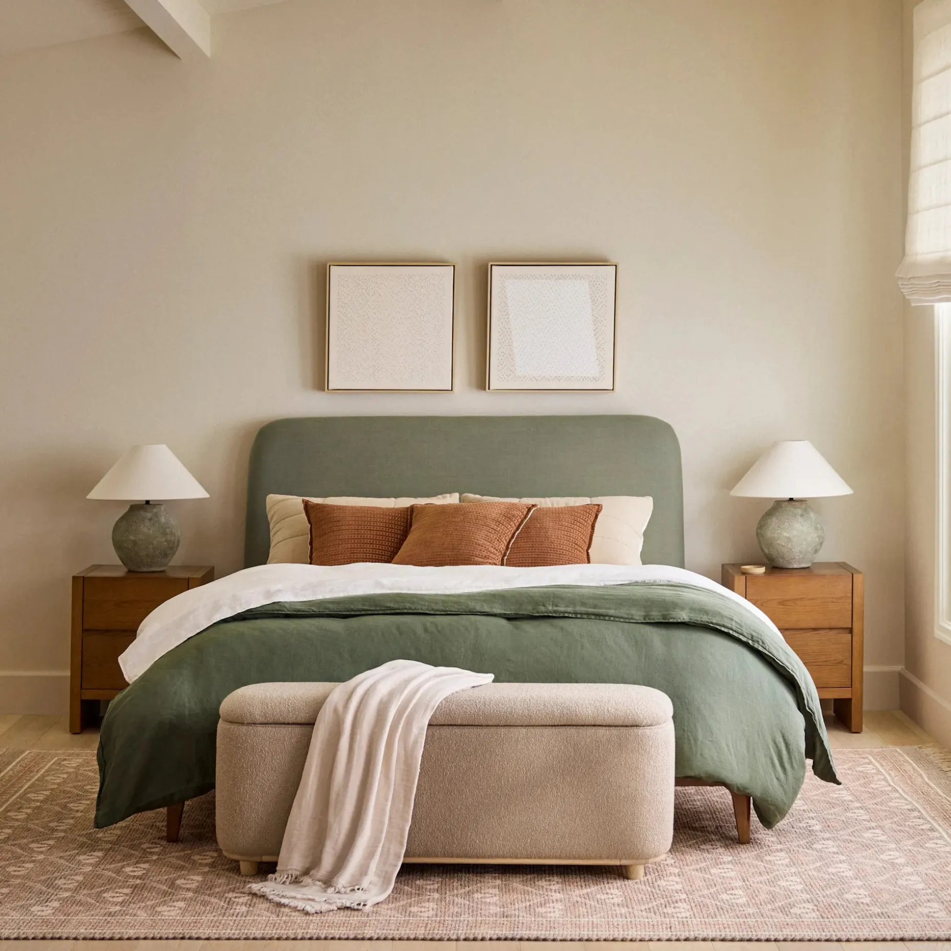 Rosin Queen Upholstered Bed - Smoked Oak and Welsh Green
