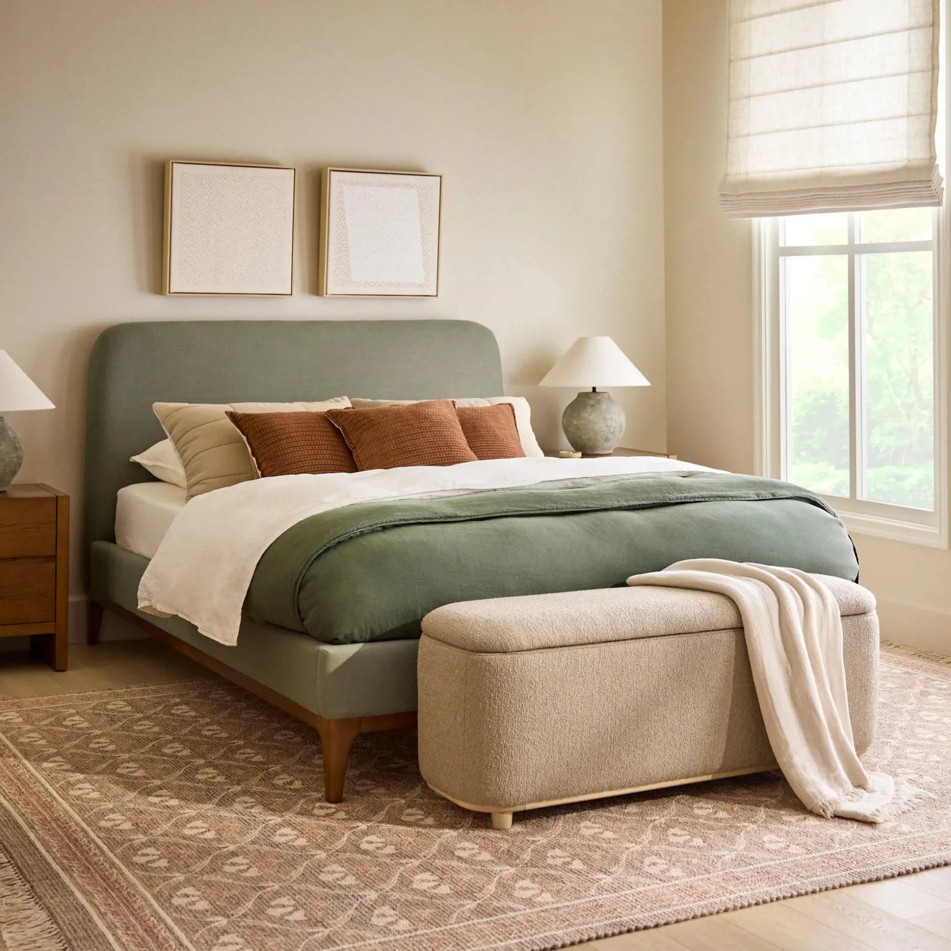 Rosin Queen Upholstered Bed - Smoked Oak and Welsh Green