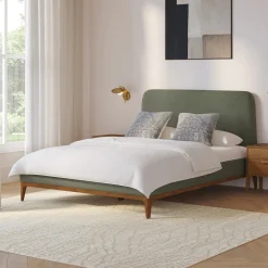 Rosin Queen Upholstered Bed - Smoked Oak and Welsh Green