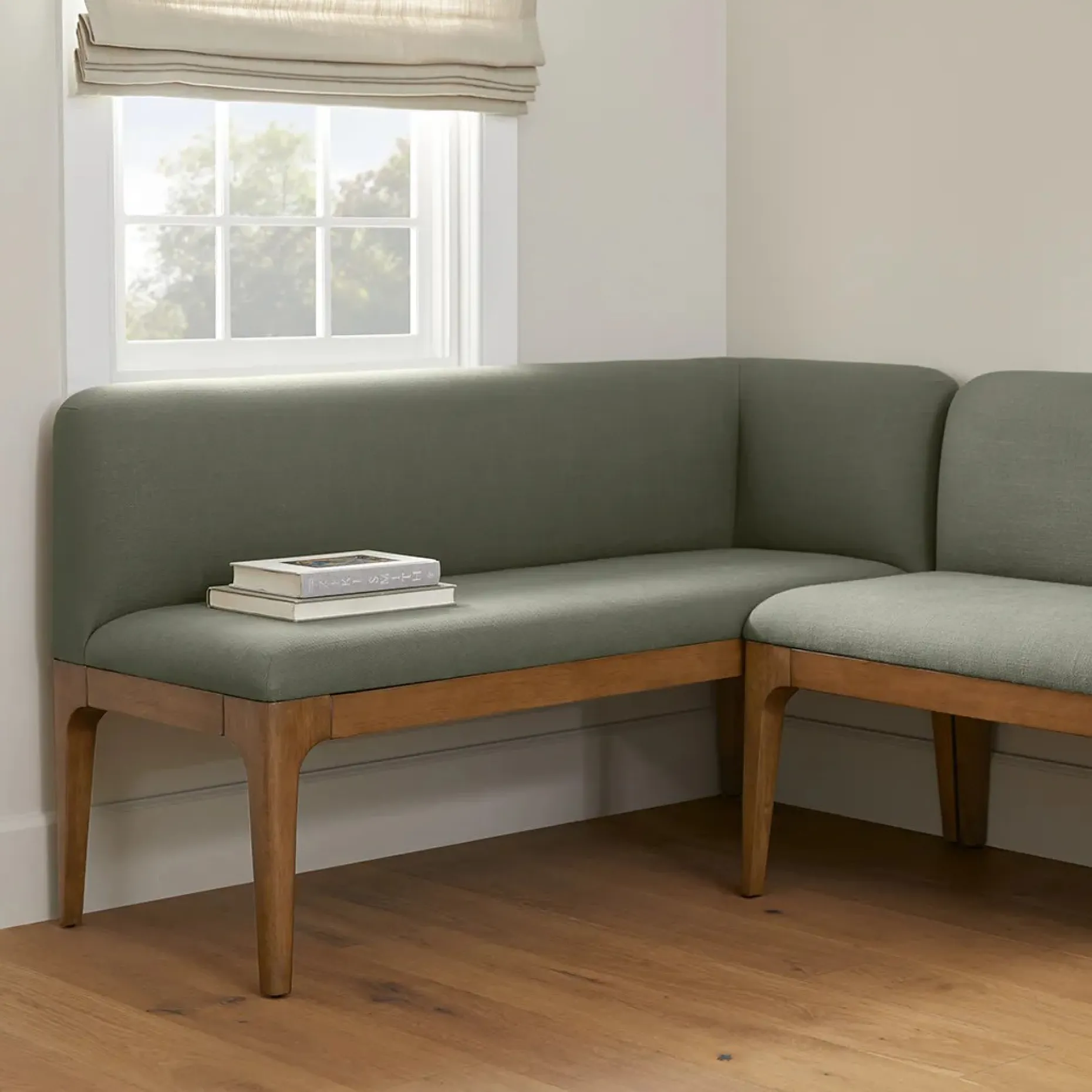 Rosin 56.75" Right Corner Banquette - Smoked Oak and Welsh Green