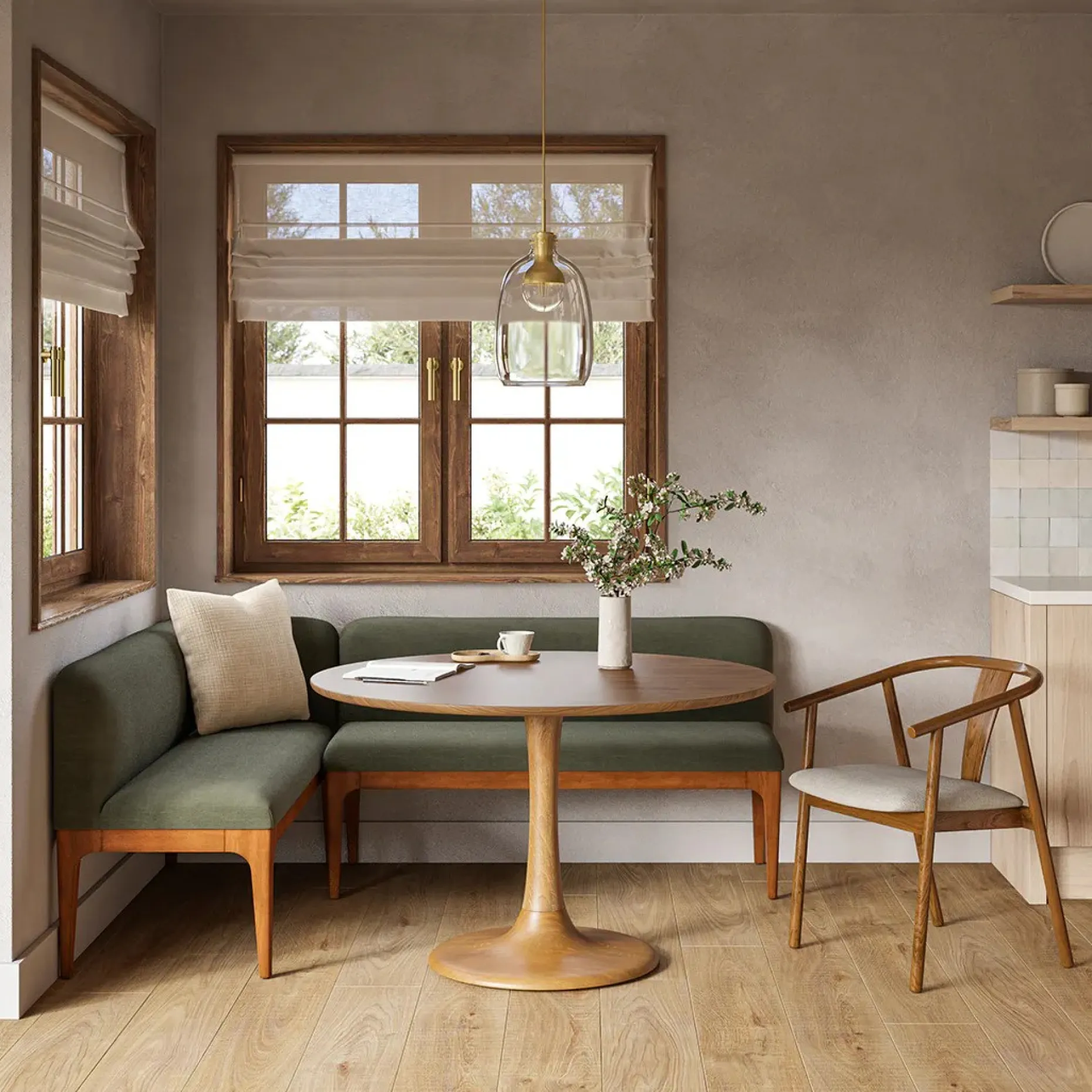 Rosin 56.75" Right Corner Banquette - Smoked Oak and Welsh Green