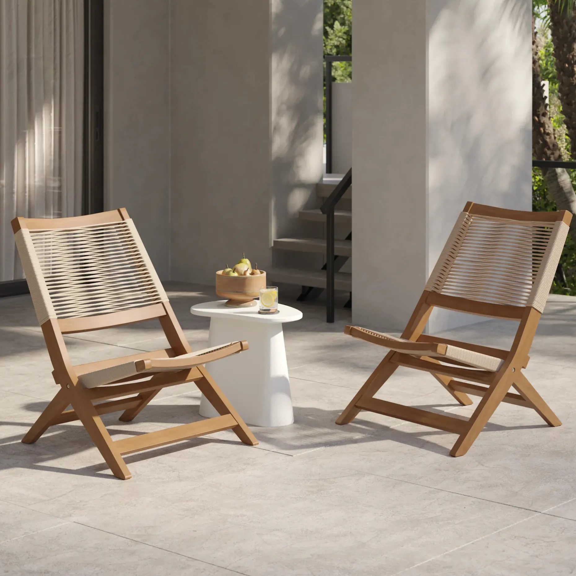 Santo 25.5" Outdoor Folding Lounge Chair Set - Ecru