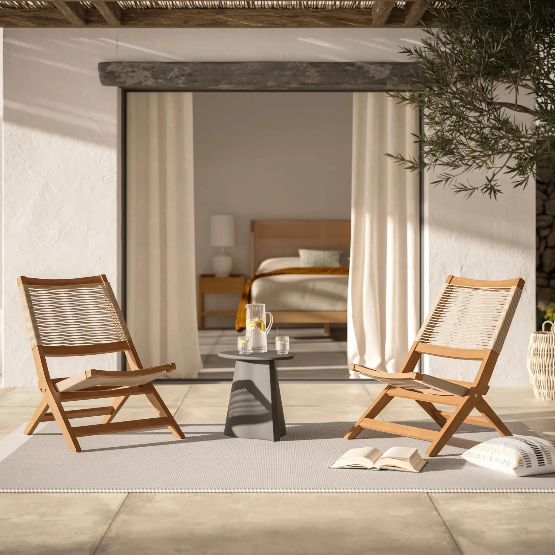 Santo 25.5" Outdoor Folding Lounge Chair - Ecru