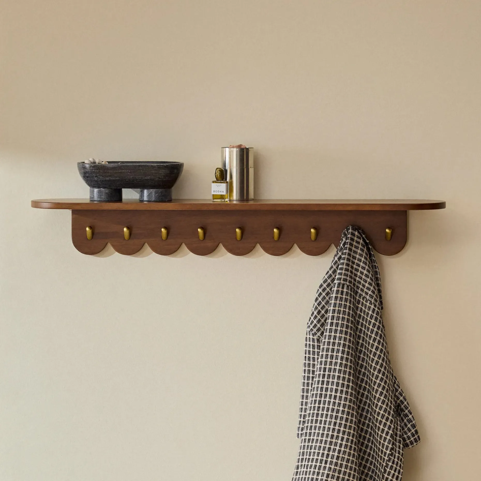 Shelly 38" Shelf and Coat Rack - Brass and Walnut