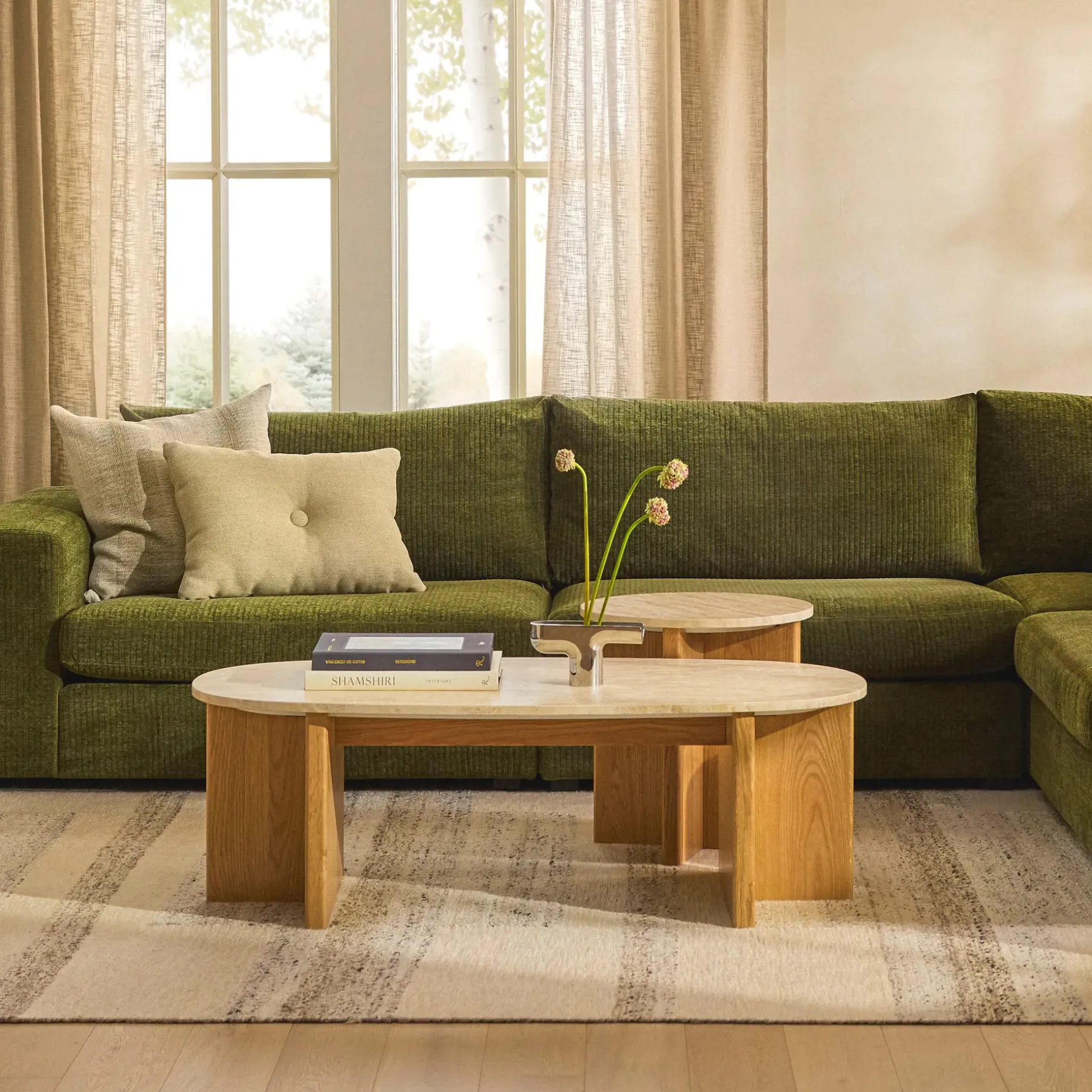 Sporo 47.25" Travertine Coffee Table - Natural Oak