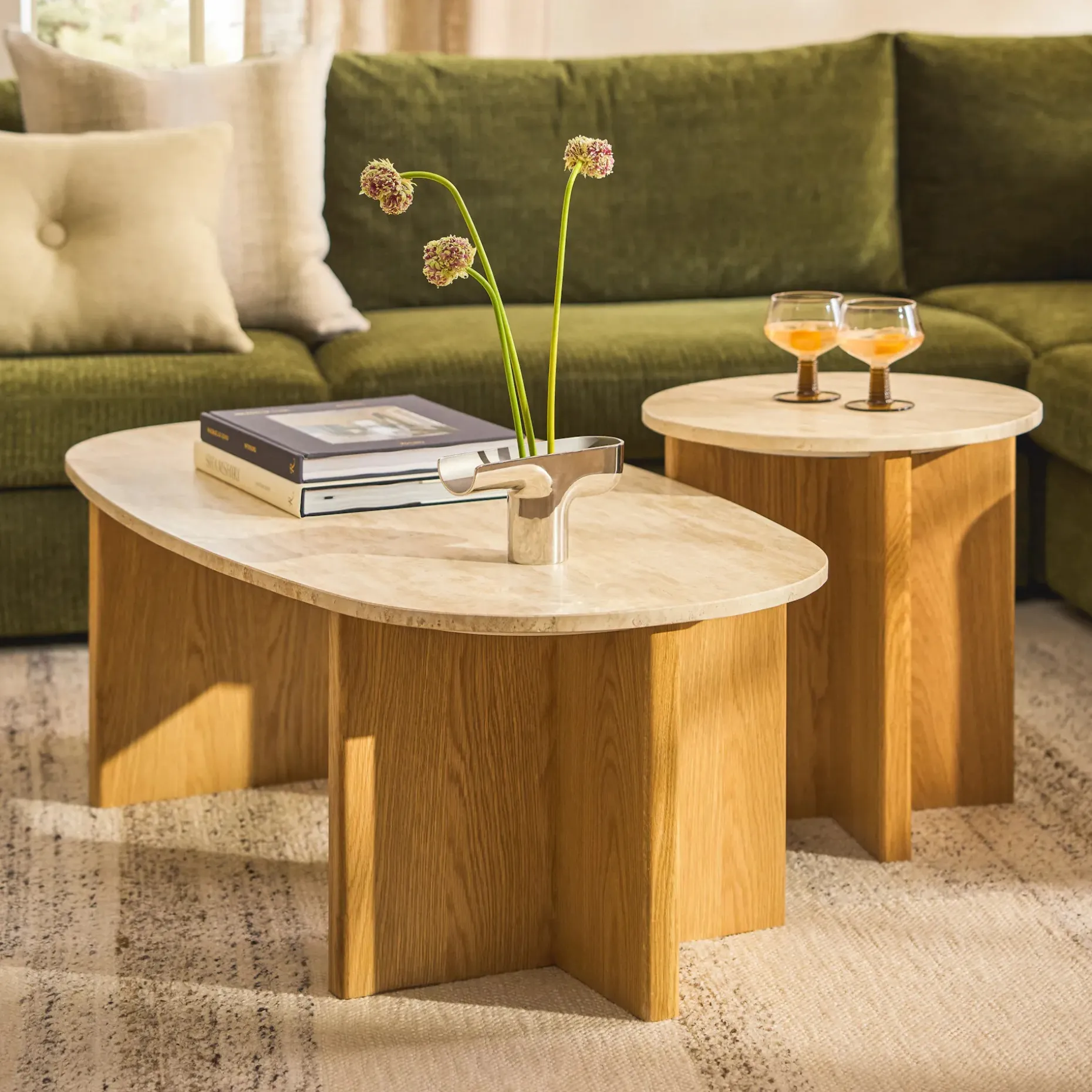 Sporo 47.25" Travertine Coffee Table - Natural Oak
