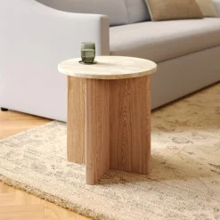 Sporo Travertine Side Table - Natural Oak