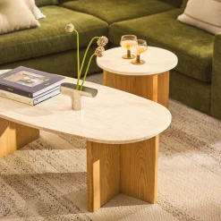 Sporo Travertine Side Table - Natural Oak