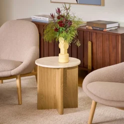 Sporo Travertine Side Table - Natural Oak