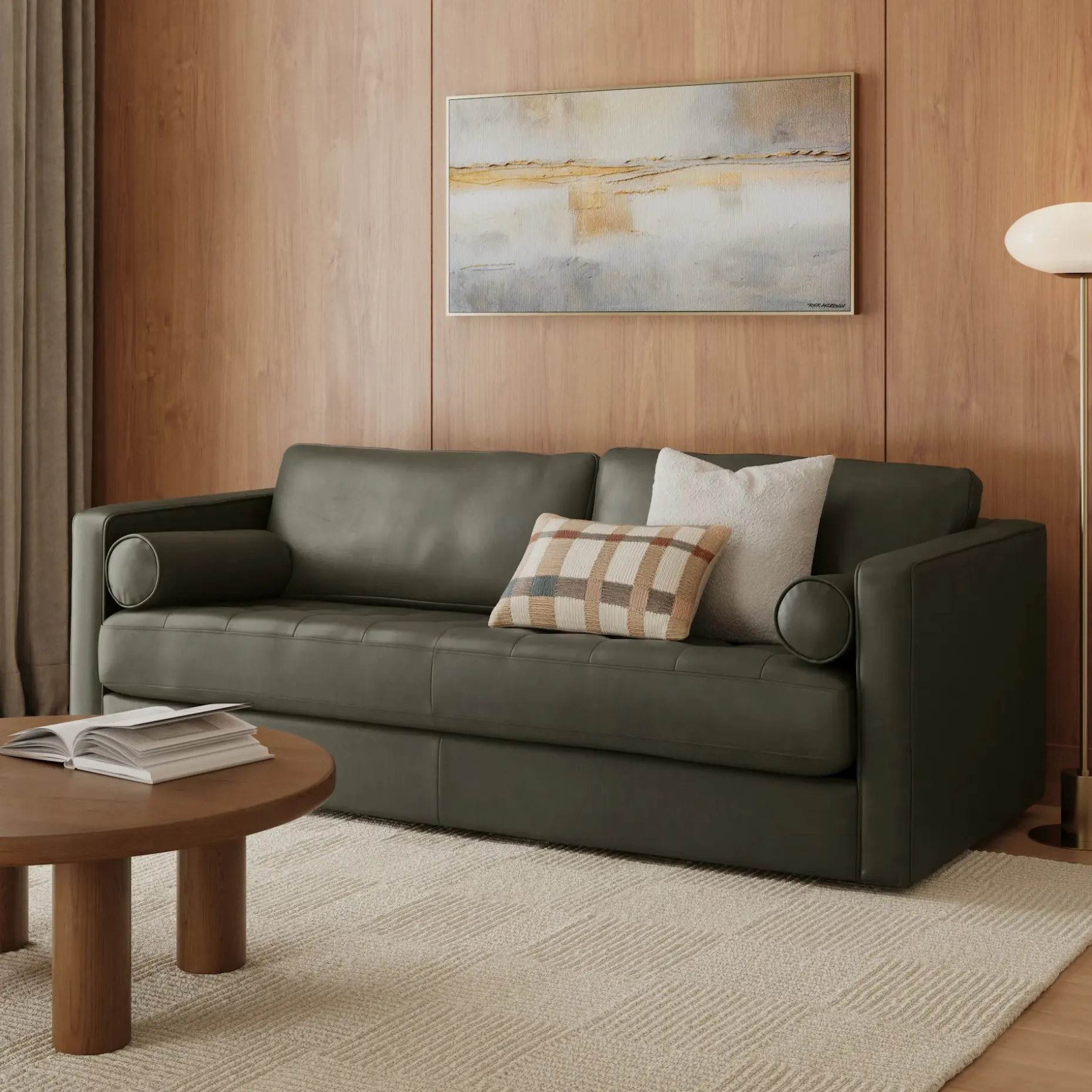 Sven 88" Grounded Tufted Leather Sofa - Charme Green
