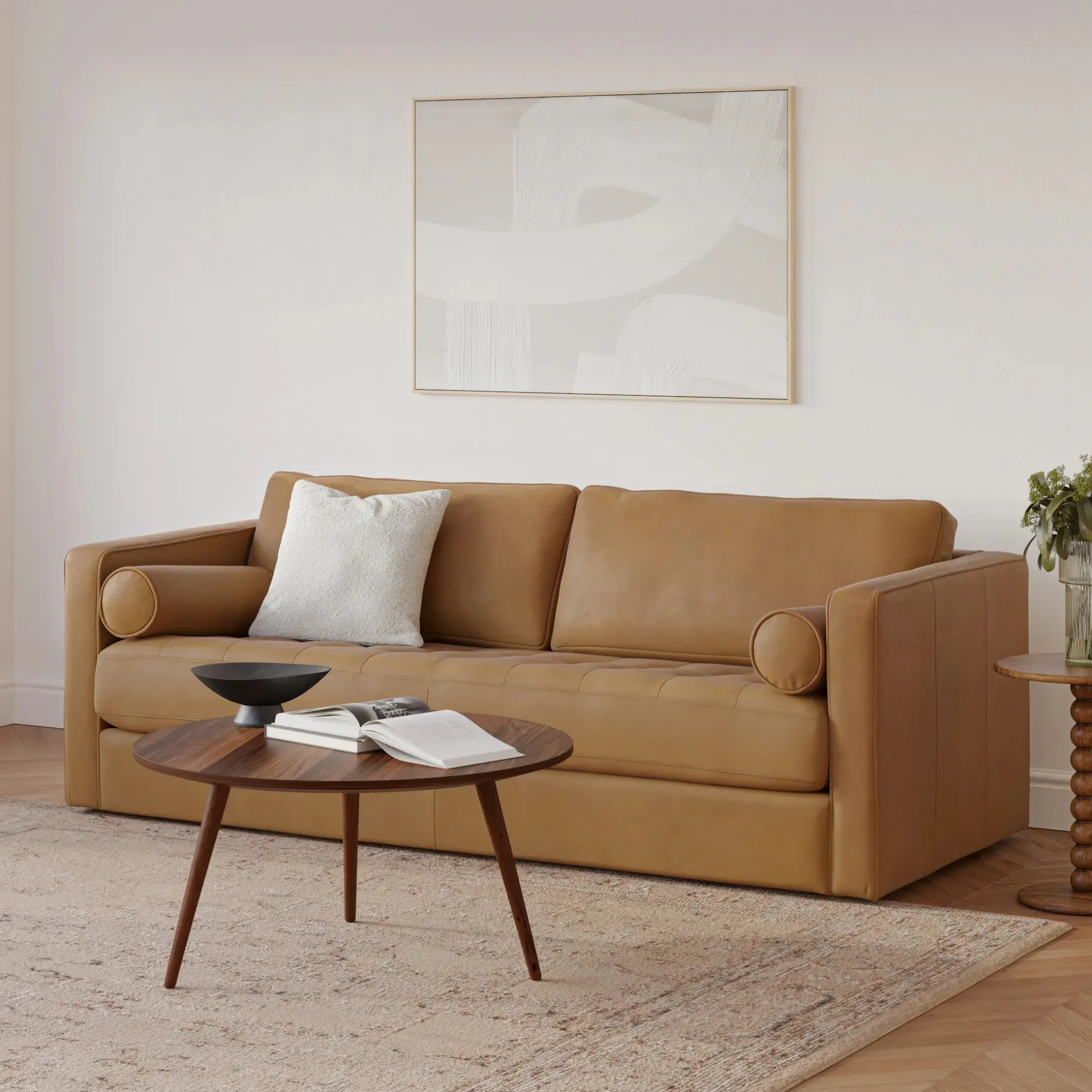 Sven 88" Grounded Tufted Leather Sofa - Charme Tan